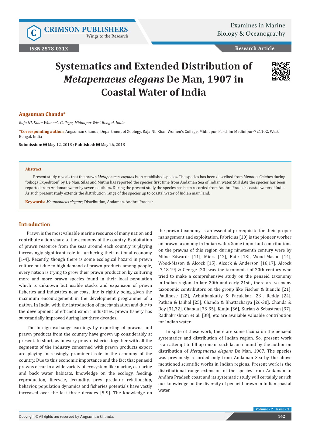 Systematics and Extended Distribution of Metapenaeus Elegans De Man, 1907 in Coastal Water of India