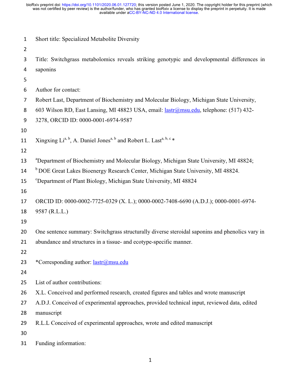 Switchgrass Metabolomics Reveals Striking Genotypic And