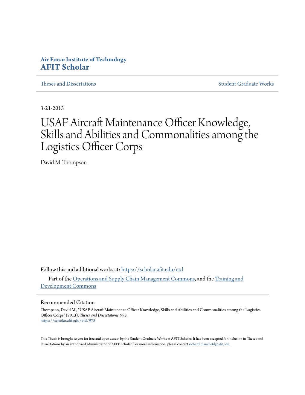 Usaf Aircraft Maintenance Officer Knowledge, Skills and Abilities and Commonalities Among the Logistics Officer Corps