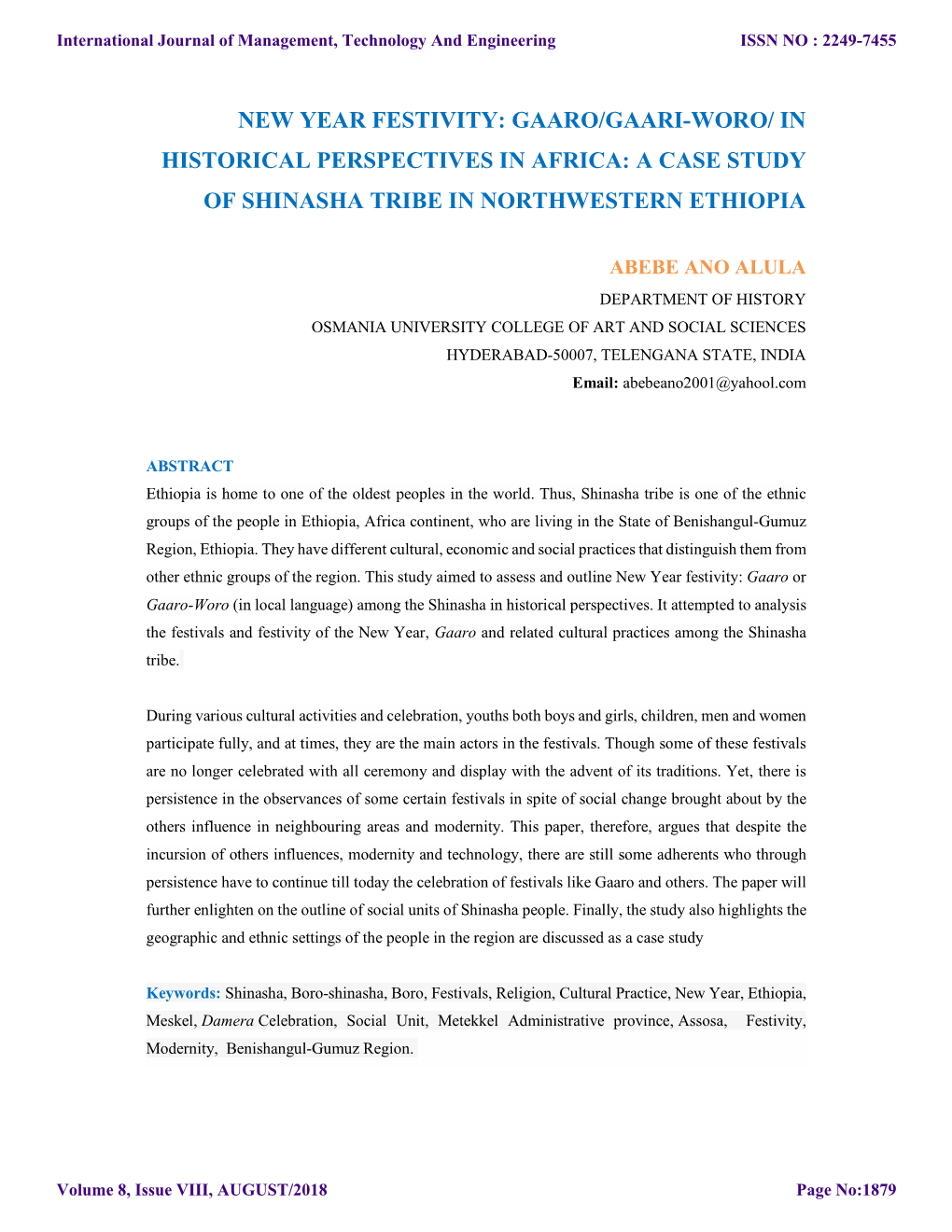 A Case Study of Shinasha Tribe in Northwestern Ethiopia