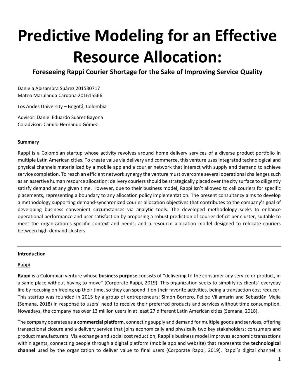 Predictive Modeling for an Effective Resource Allocation: Foreseeing Rappi Courier Shortage for the Sake of Improving Service Quality