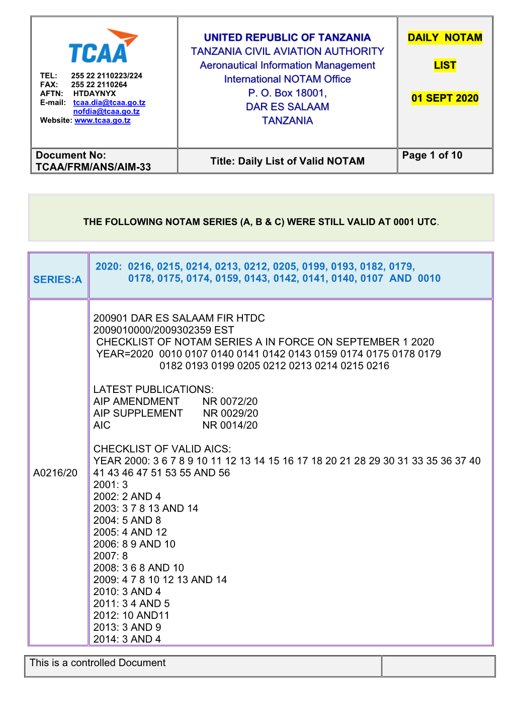 Aeronautical Information Promulgation Advice Form