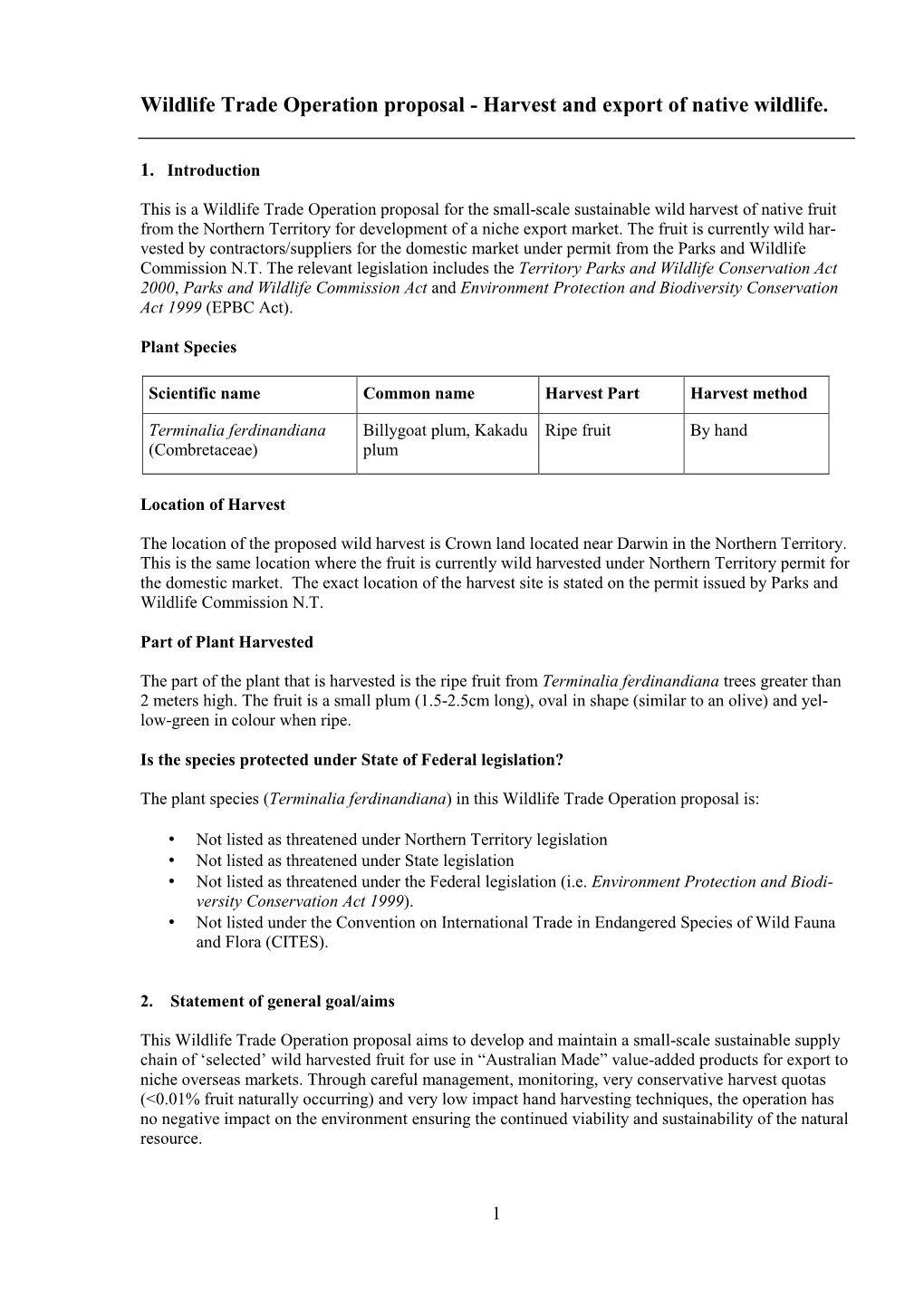 Wildlife Trade Operation Proposal - Harvest and Export of Native Wildlife