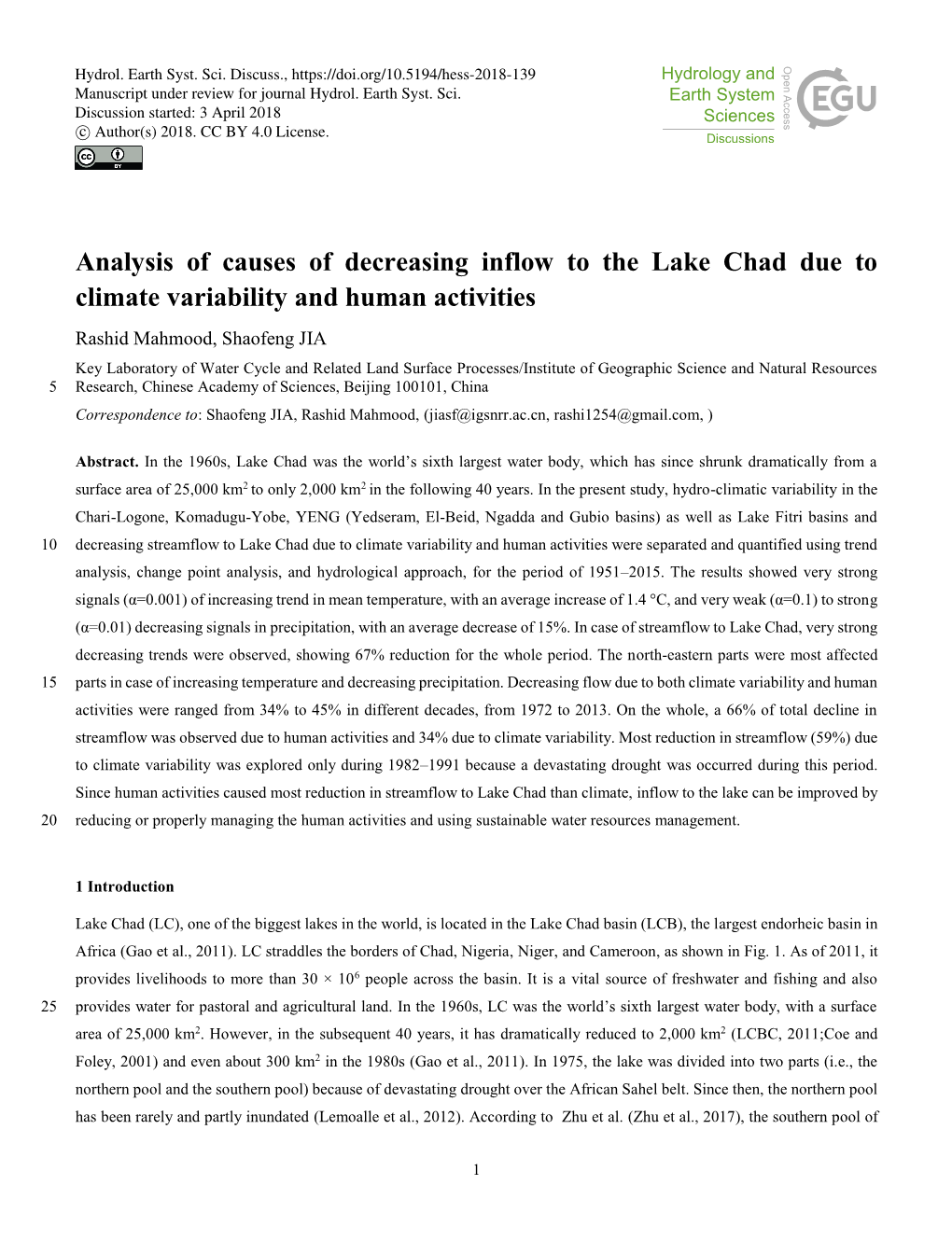 Analysis of Causes of Decreasing Inflow to the Lake Chad Due To