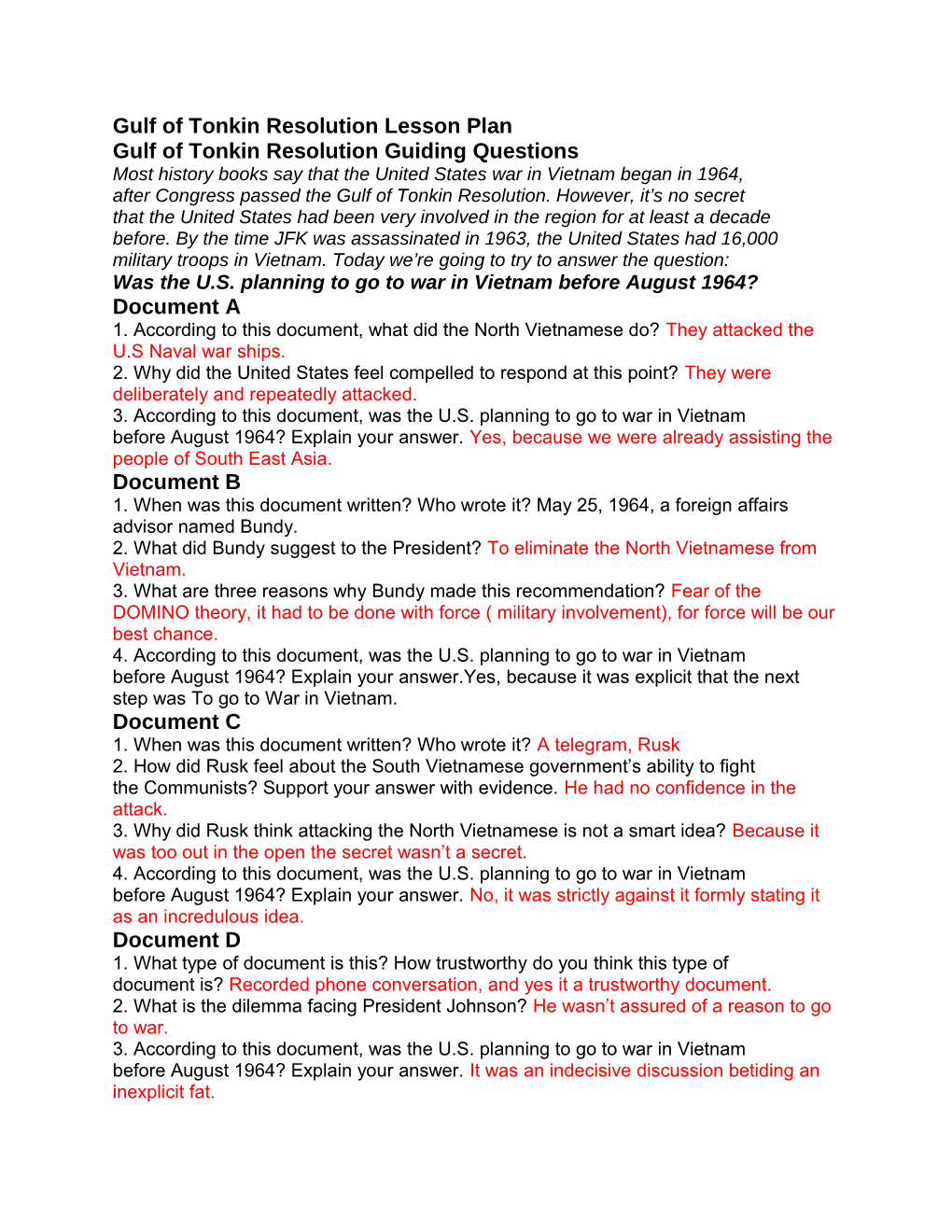 Gulf of Tonkin Resolution Lesson Plan