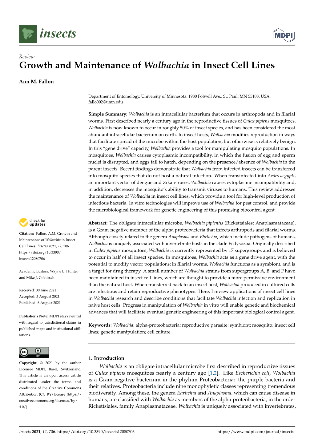 Growth and Maintenance of Wolbachia in Insect Cell Lines