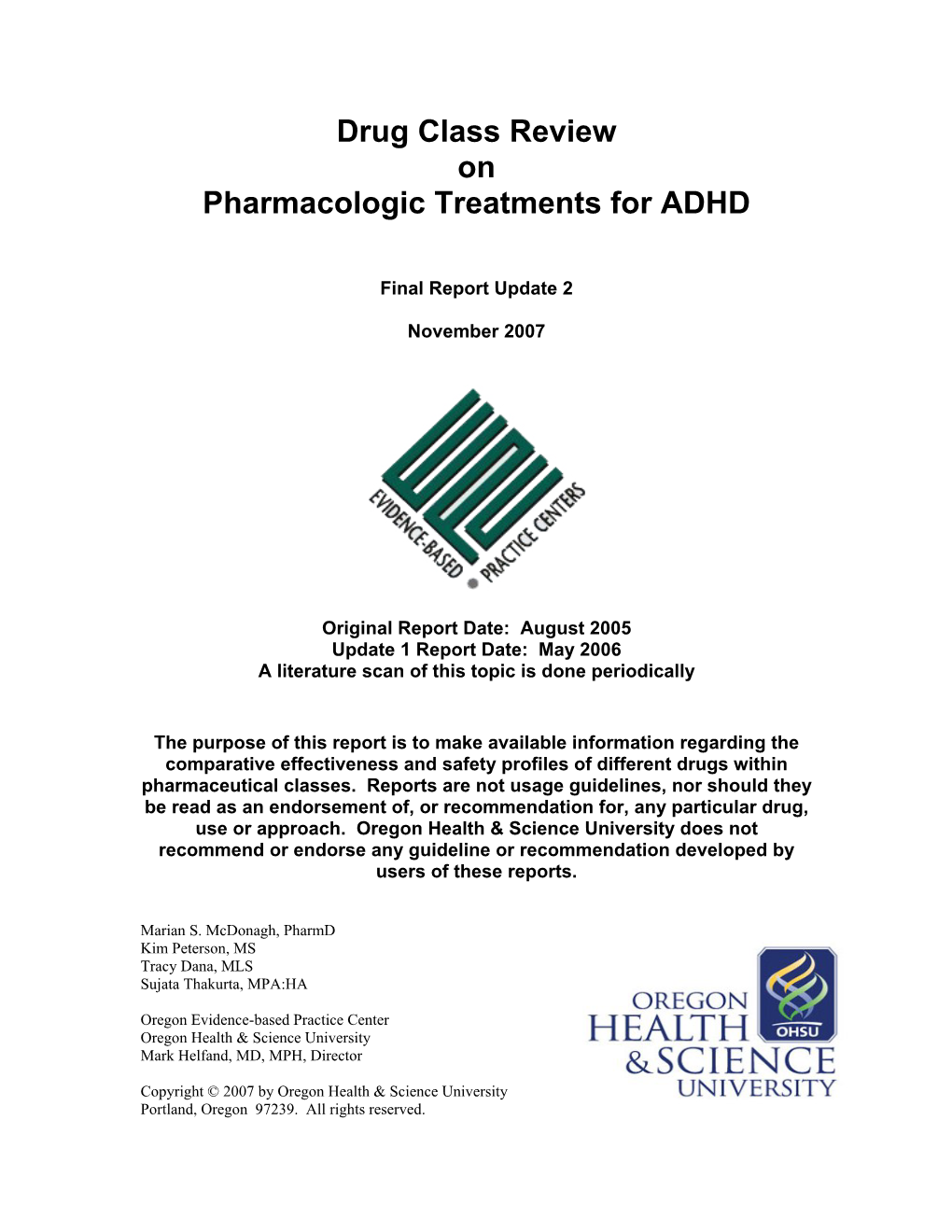 Drug Class Review on Pharmacologic Treatments for ADHD