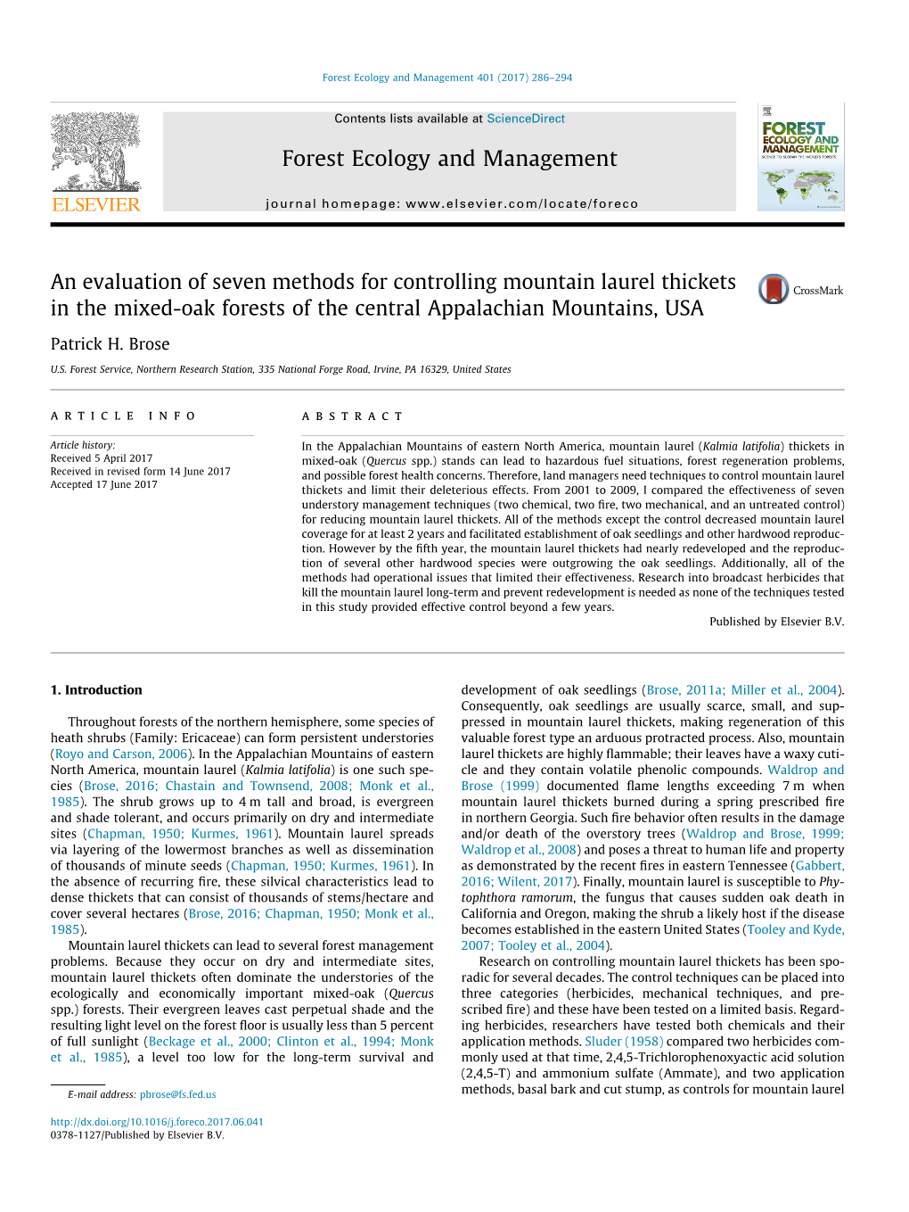 An Evaluation of Seven Methods for Controlling Mountain Laurel Thickets in the Mixed-Oak Forests of the Central Appalachian Mountains, USA