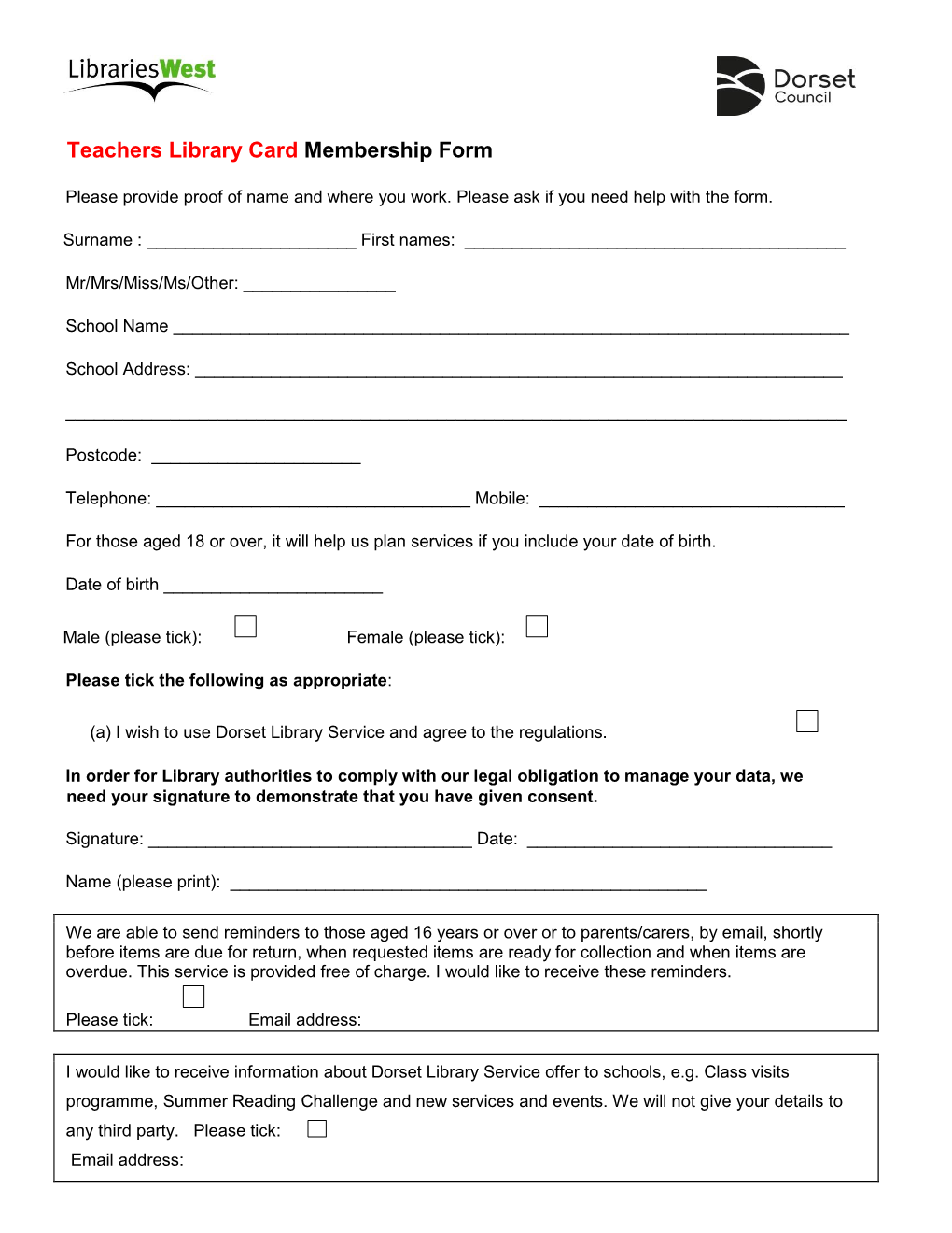 Teachers Library Membership Form