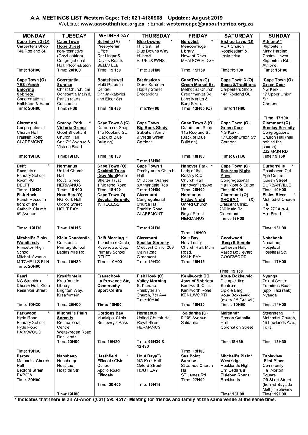 AA MEETINGS LIST Western Cape