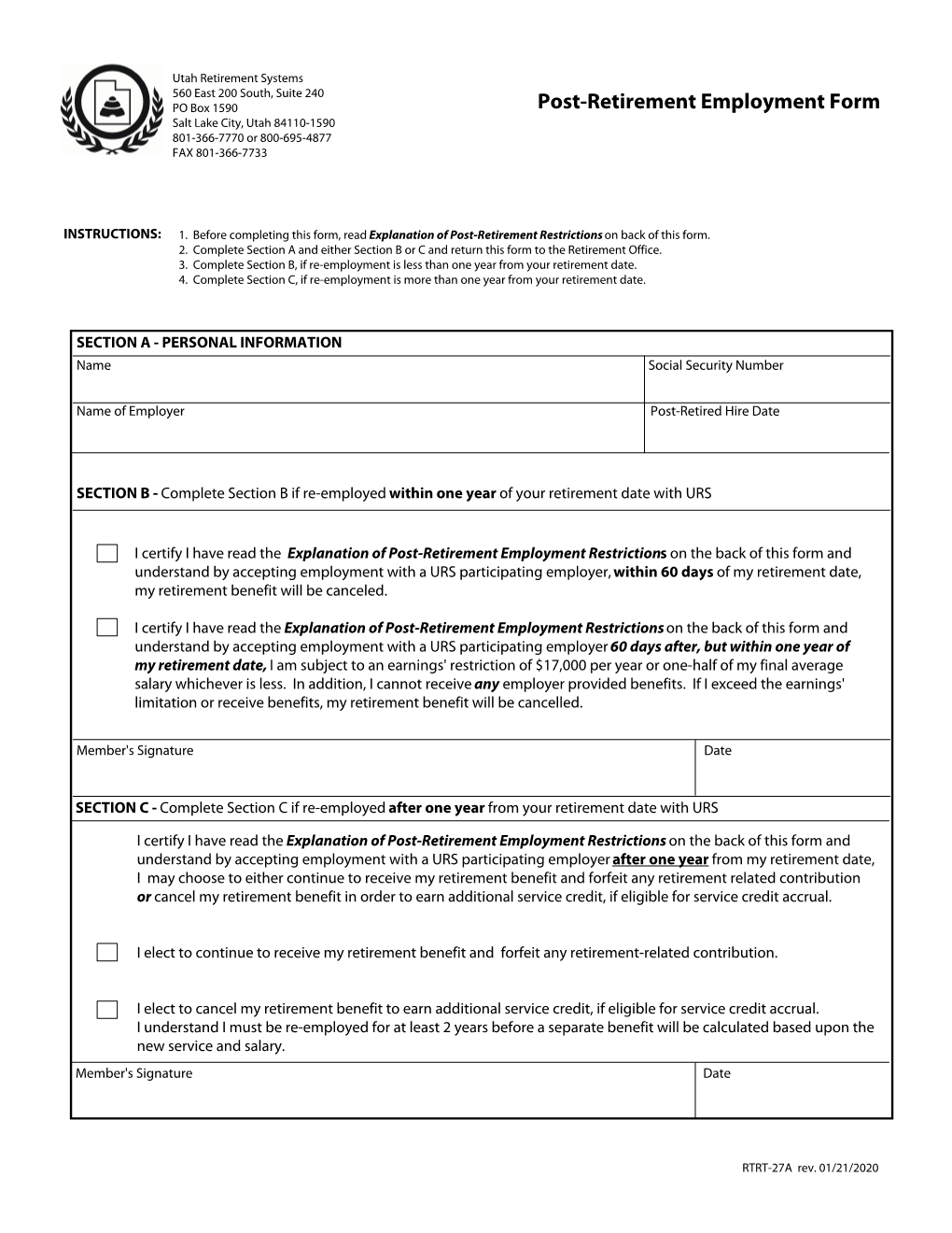 Post-Retirement Employment Form