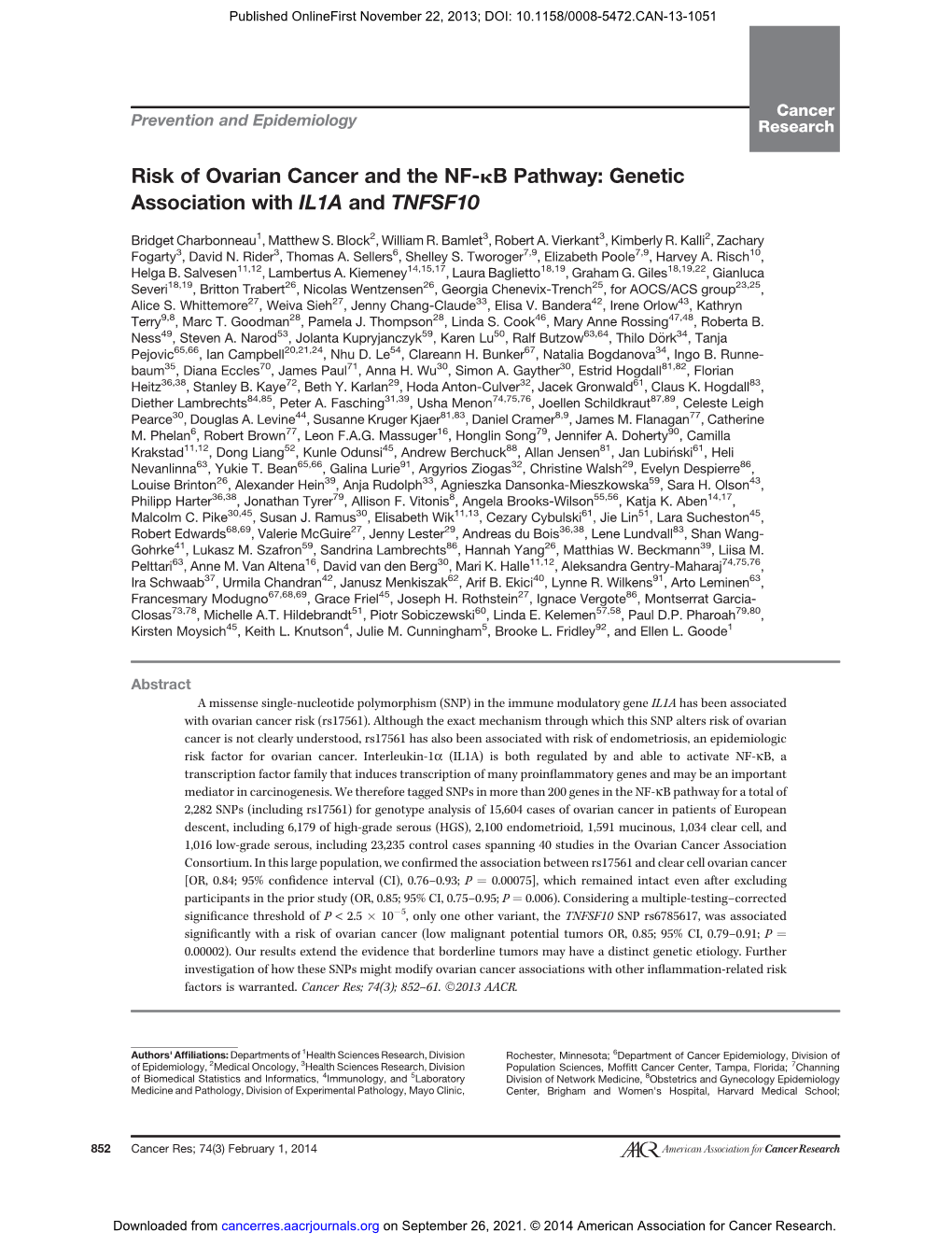 Risk of Ovarian Cancer and the NF-Kb Pathway: Genetic Association with IL1A and TNFSF10