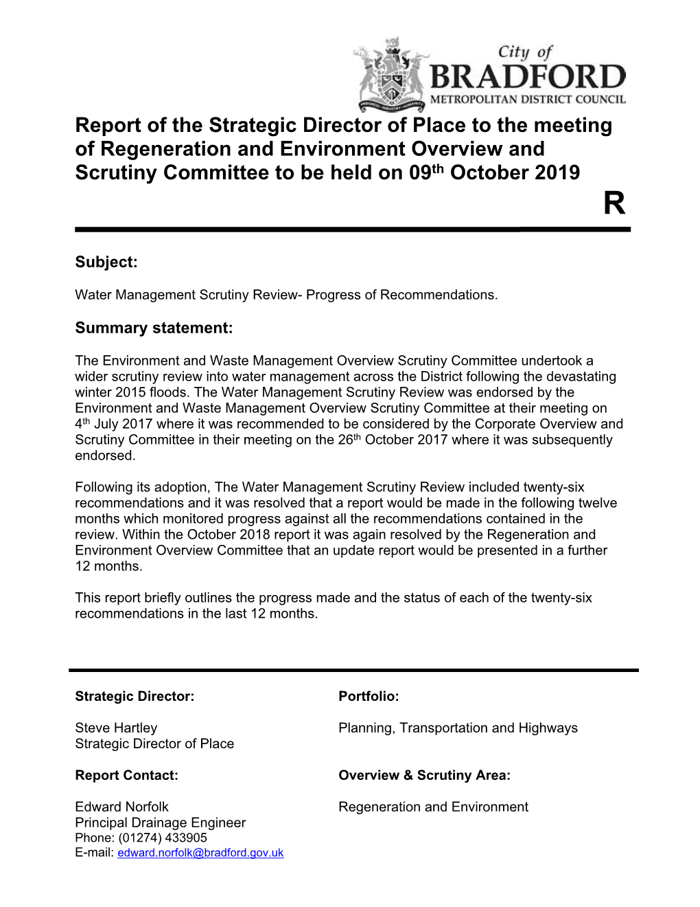 Report of the [Director] to the Meeting of [Name of Committee] to Be Held on [Date]