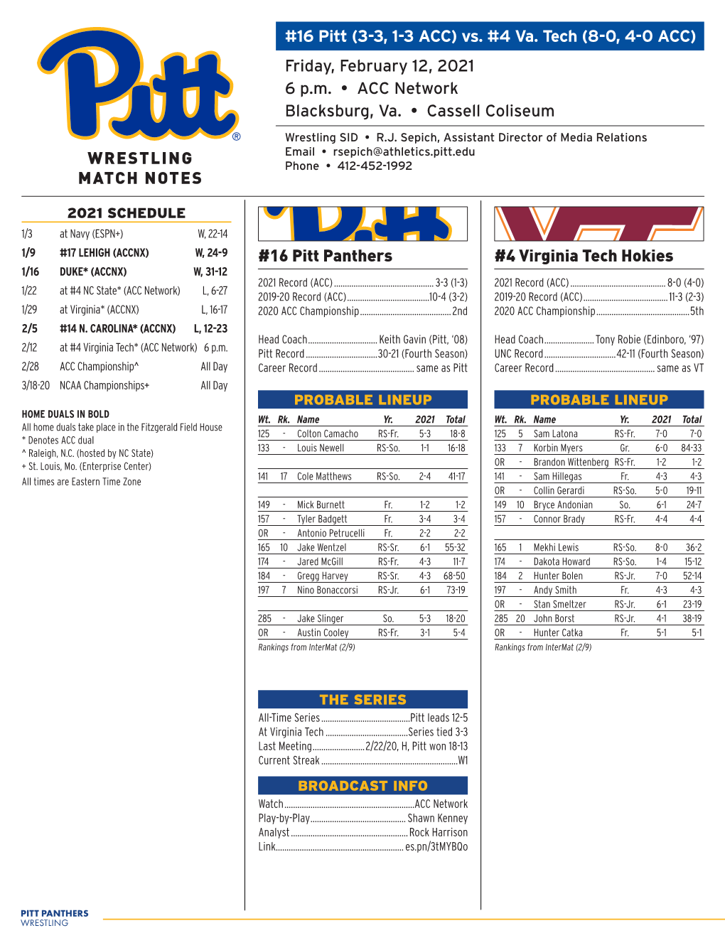 WRESTLING MATCH NOTES #16 Pitt