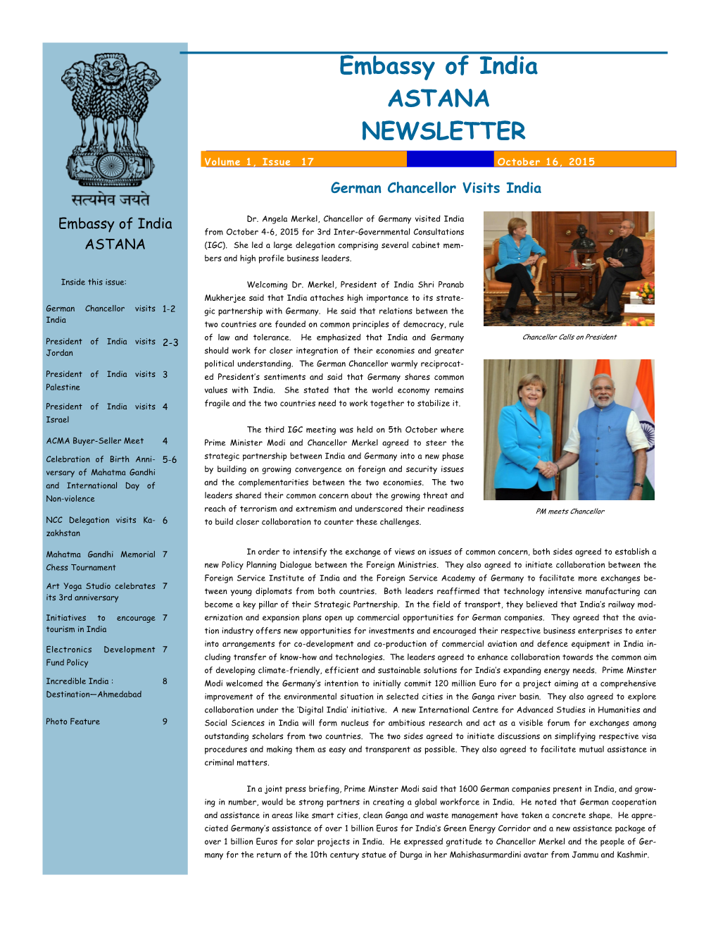 Embassy of India ASTANA NEWSLETTER