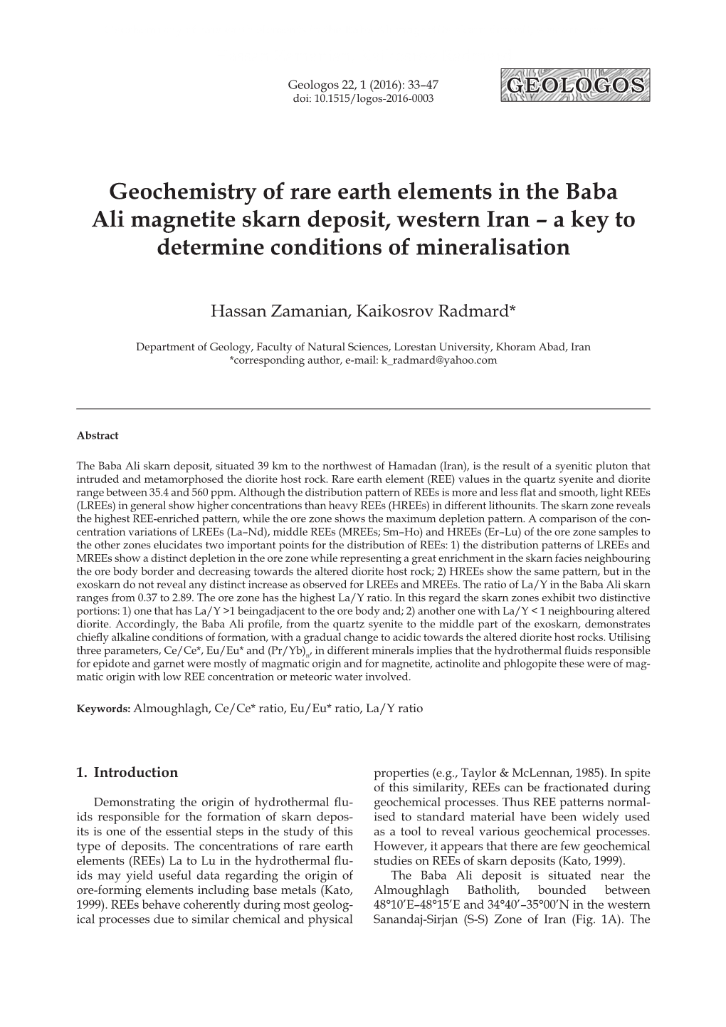 Geochemistry of Rare Earth Elements in the Baba Ali Magnetite Skarn Deposit, Western Iran