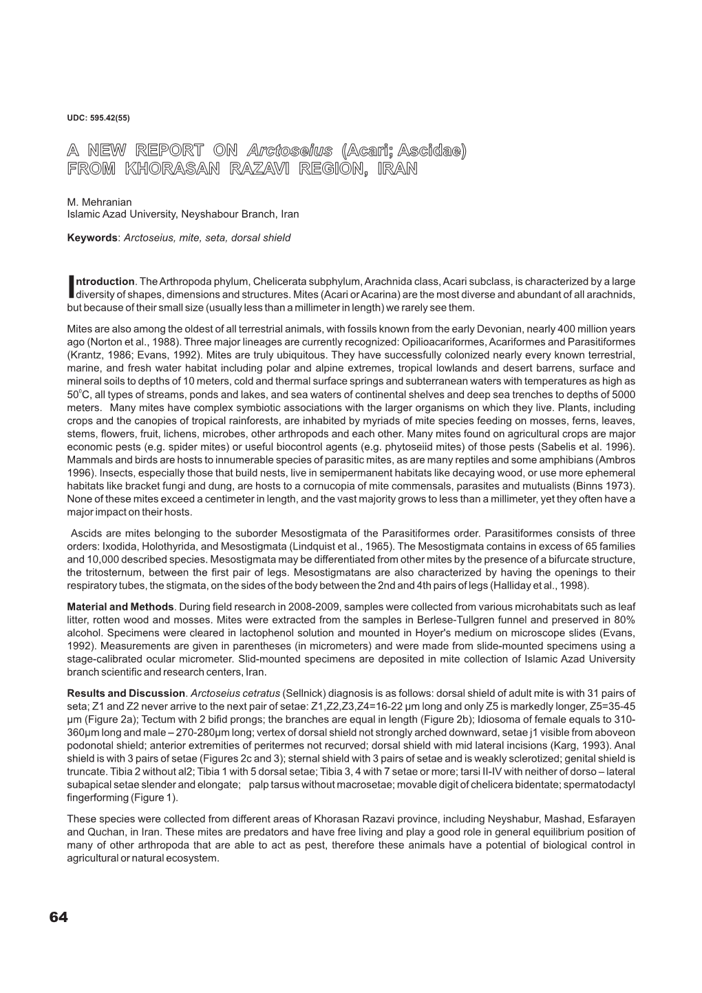 A NEW REPORT on Arctoseius (Acari; Ascidae) from KHORASAN RAZAVI REGION, IRAN