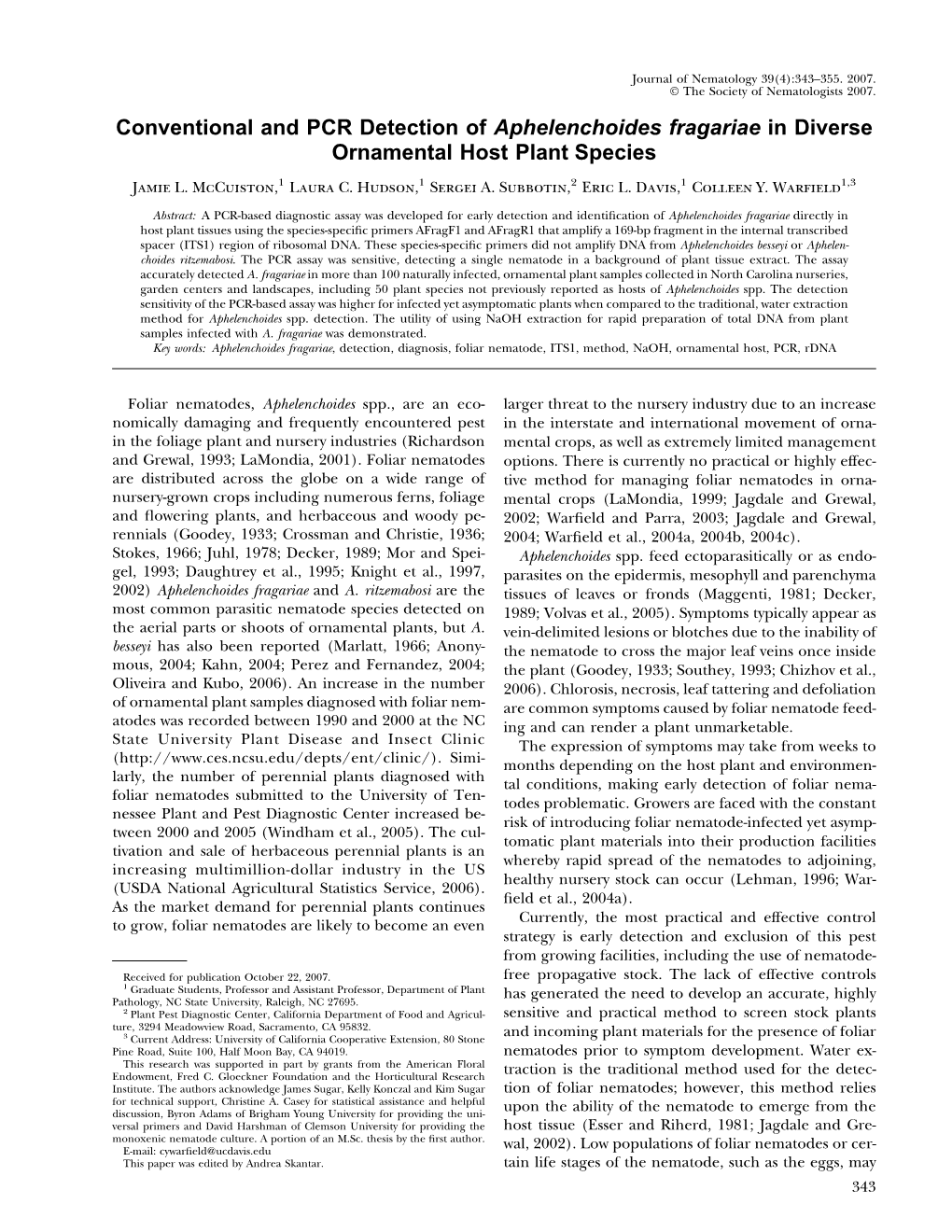 Conventional and PCR Detection of Aphelenchoides Fragariae in Diverse Ornamental Host Plant Species