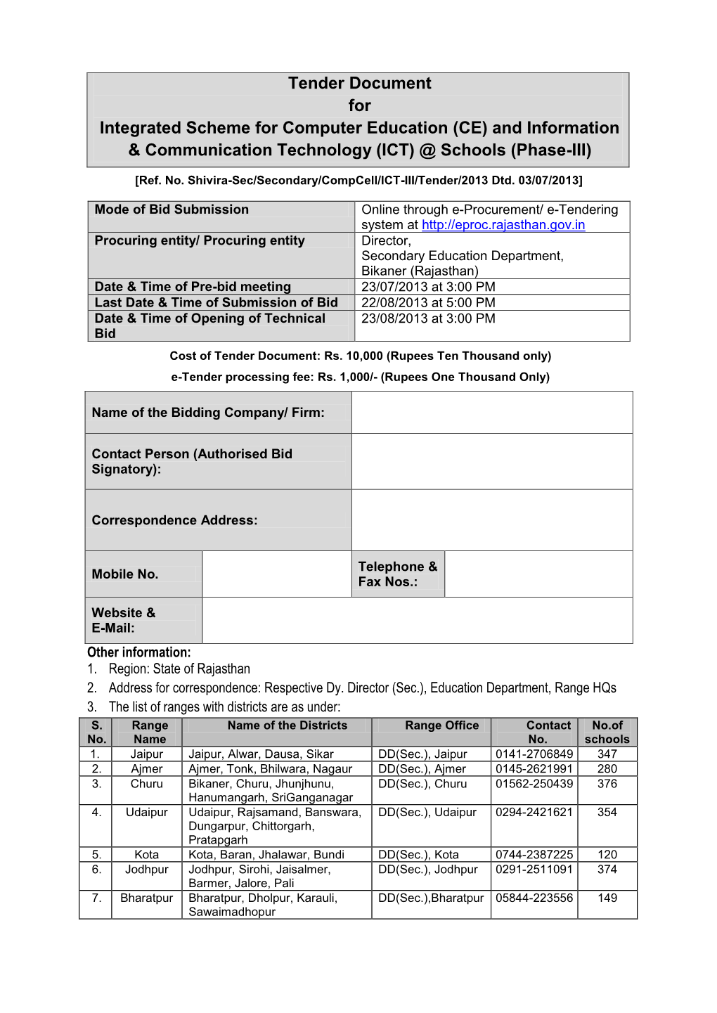 Tender Document for Integrated Scheme for Computer Education (CE) and Information & Communication Technology (ICT) @ Schools (Phase-III)