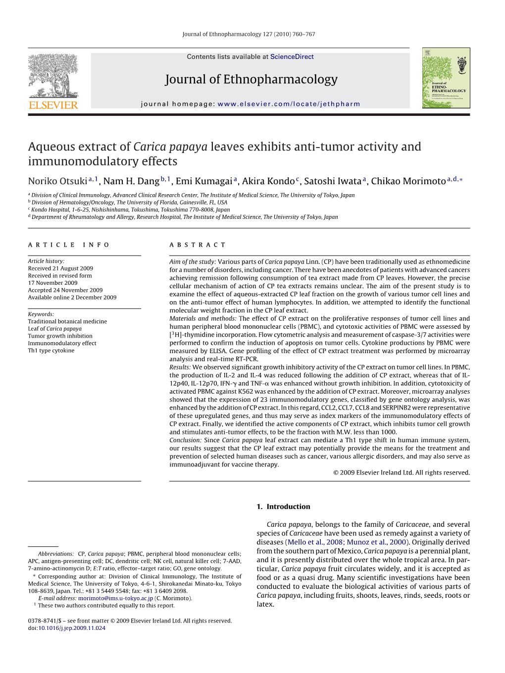 Journal of Ethnopharmacology Aqueous Extract of Carica Papaya