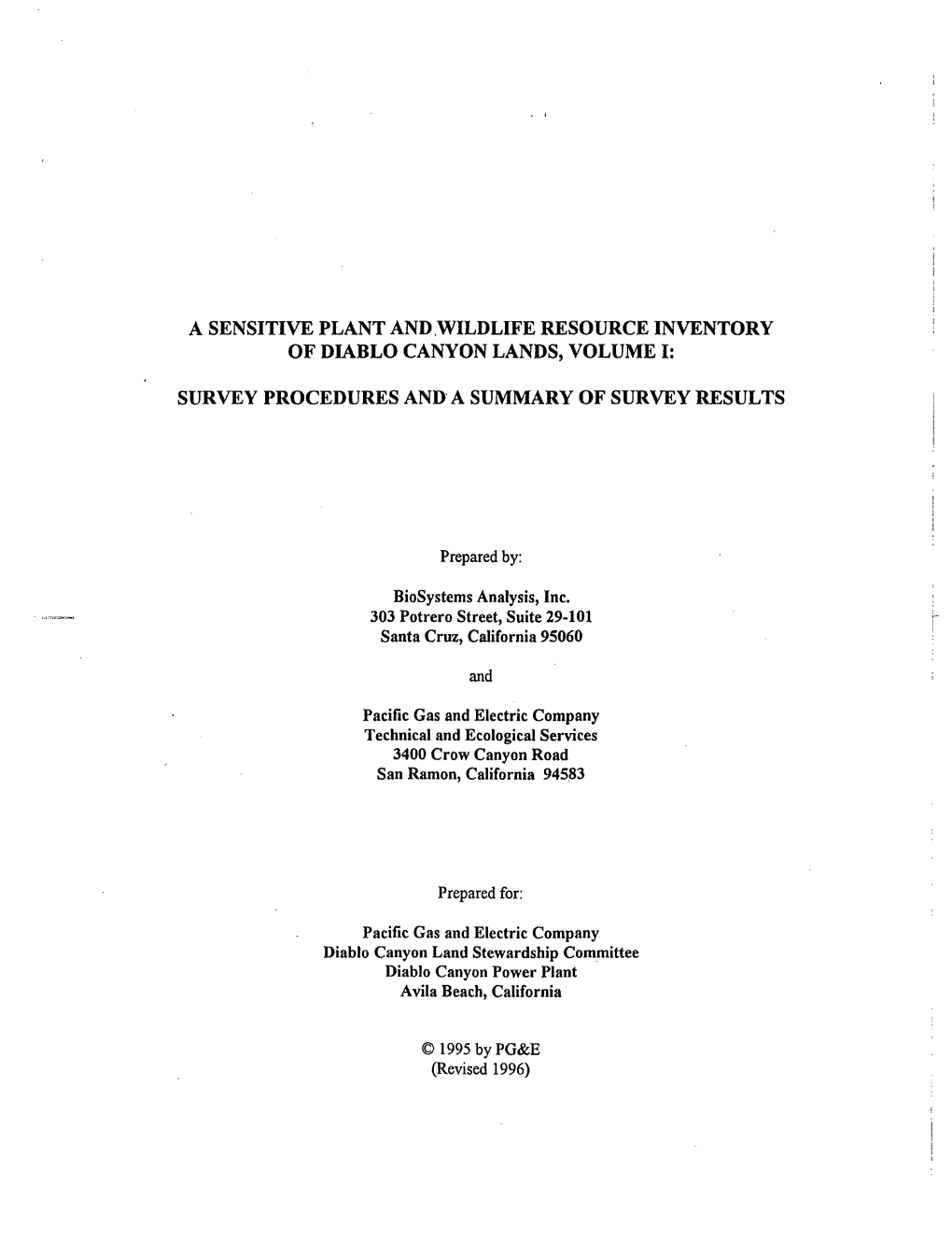 A Sensitive Plant and Wildlife Resource Inventory of Diablo Canyon Lands, Volume Ii