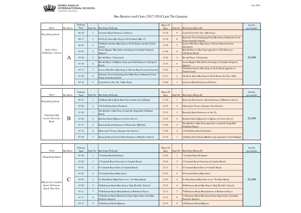 Bus Routes and Costs 2017-2018 Lam Tin Campus