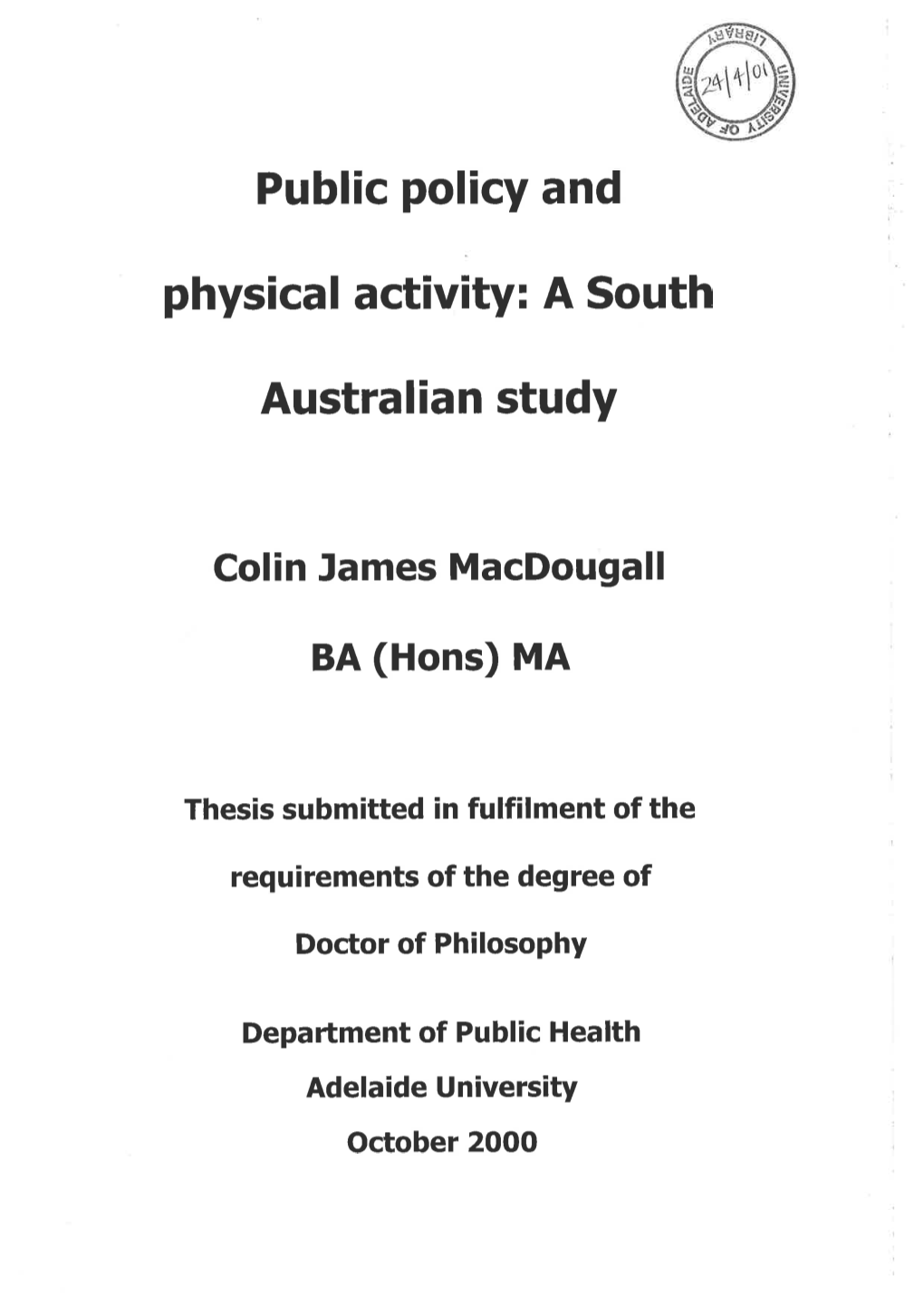 Public Policy and Physical Activity : A