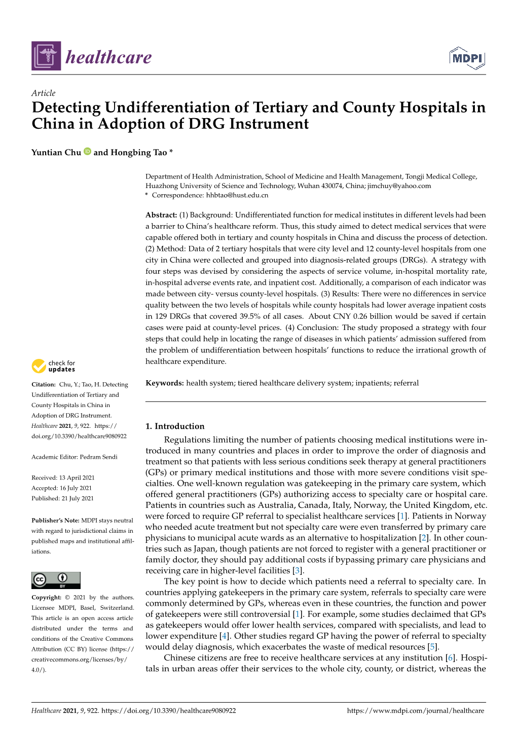 Detecting Undifferentiation of Tertiary and County Hospitals in China in Adoption of DRG Instrument
