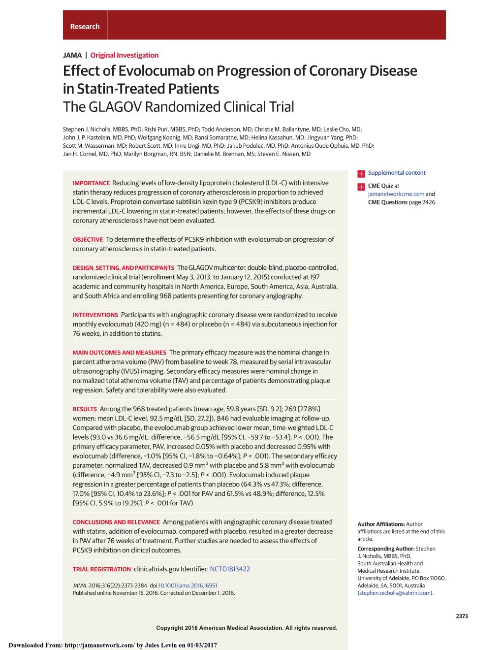 Effect of Evolocumab on Progression of Coronary Disease in Statin-Treated Patientsthe GLAGOV Randomized Clinical Trial