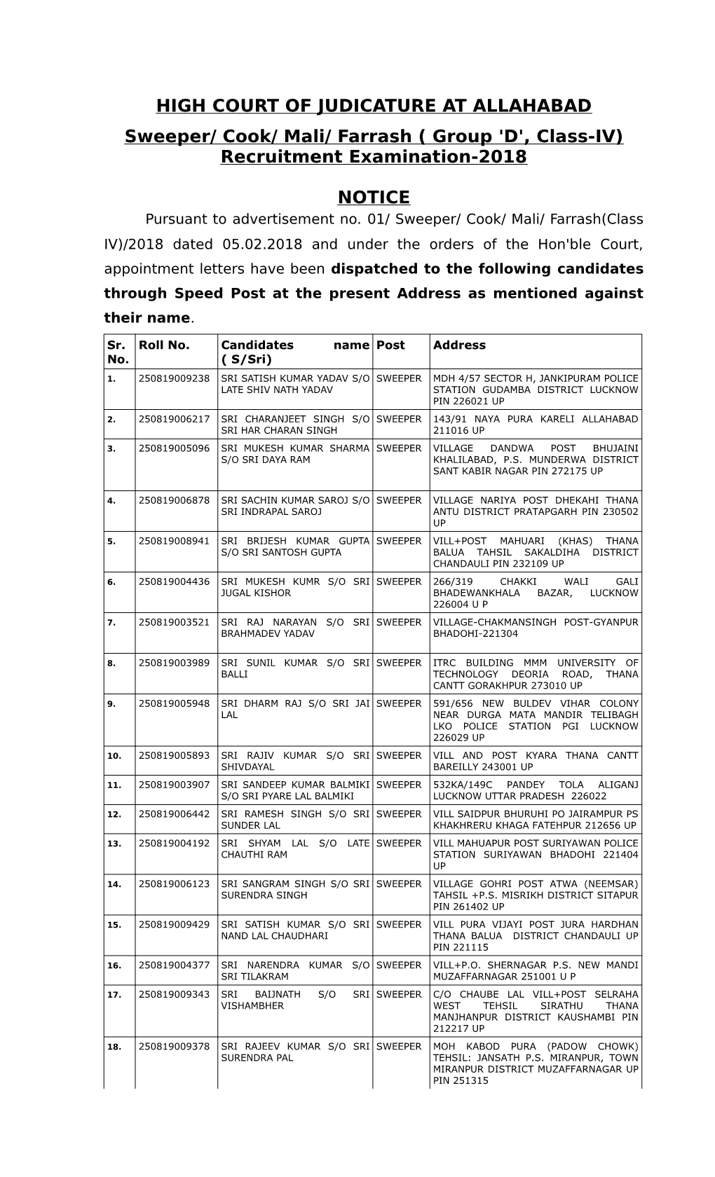 HIGH COURT of JUDICATURE at ALLAHABAD Sweeper/ Cook/ Mali/ Farrash ( Group 'D', Class-IV) Recruitment Examination-2018