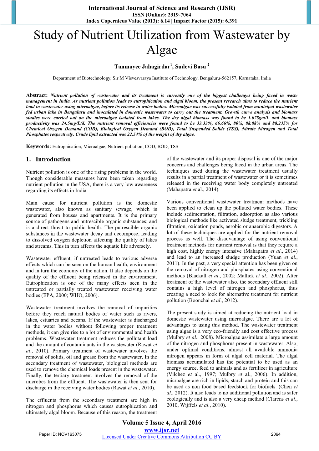 Study of Nutrient Utilization from Wastewater by Algae