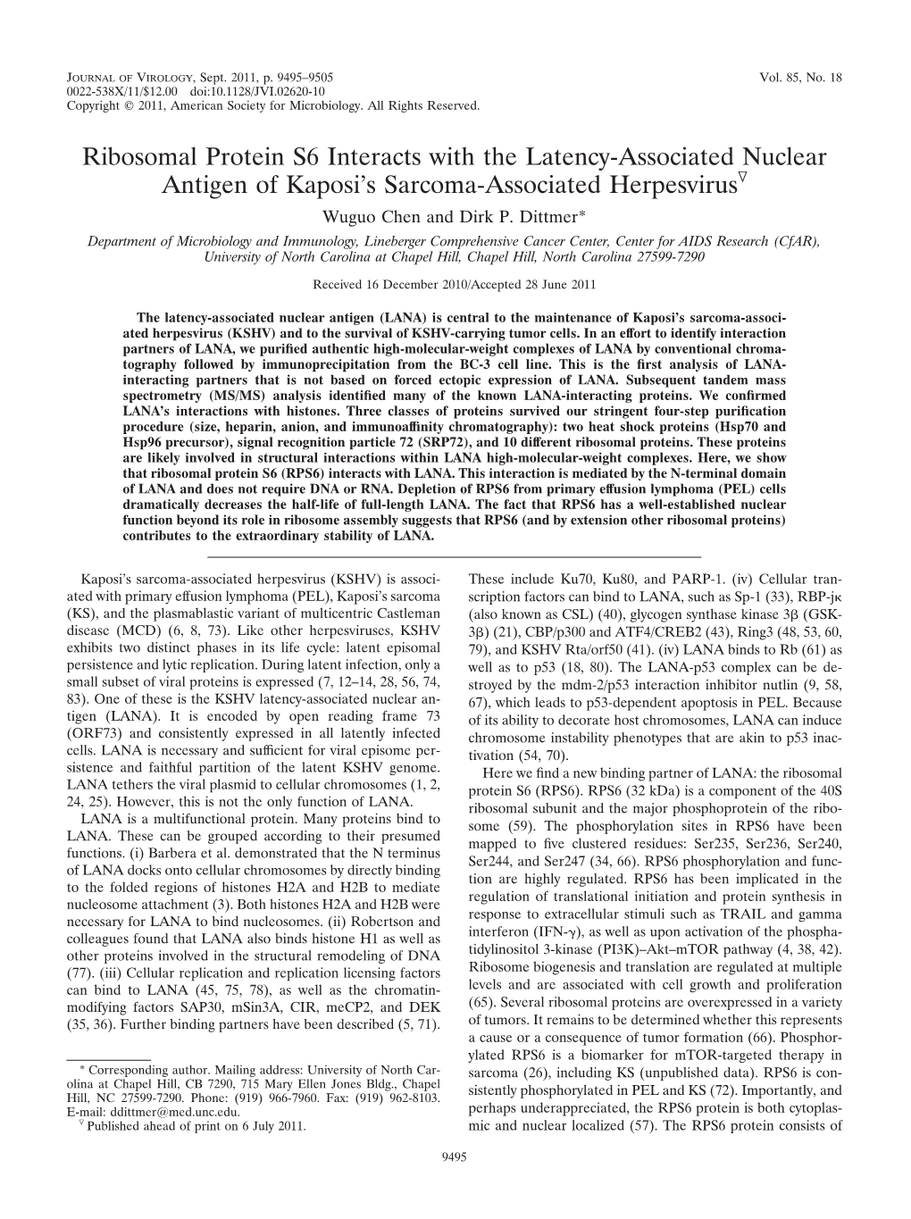 Ribosomal Protein S6 Interacts with the Latency-Associated Nuclear Antigen of Kaposi’S Sarcoma-Associated Herpesvirusᰔ Wuguo Chen and Dirk P