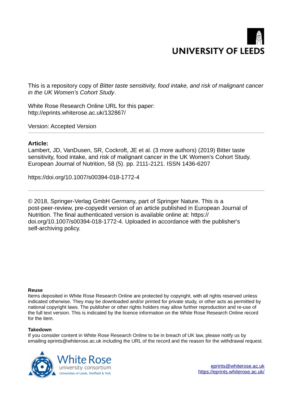 Bitter Taste Sensitivity, Food Intake, and Risk of Malignant Cancer in the UK Women's Cohort Study