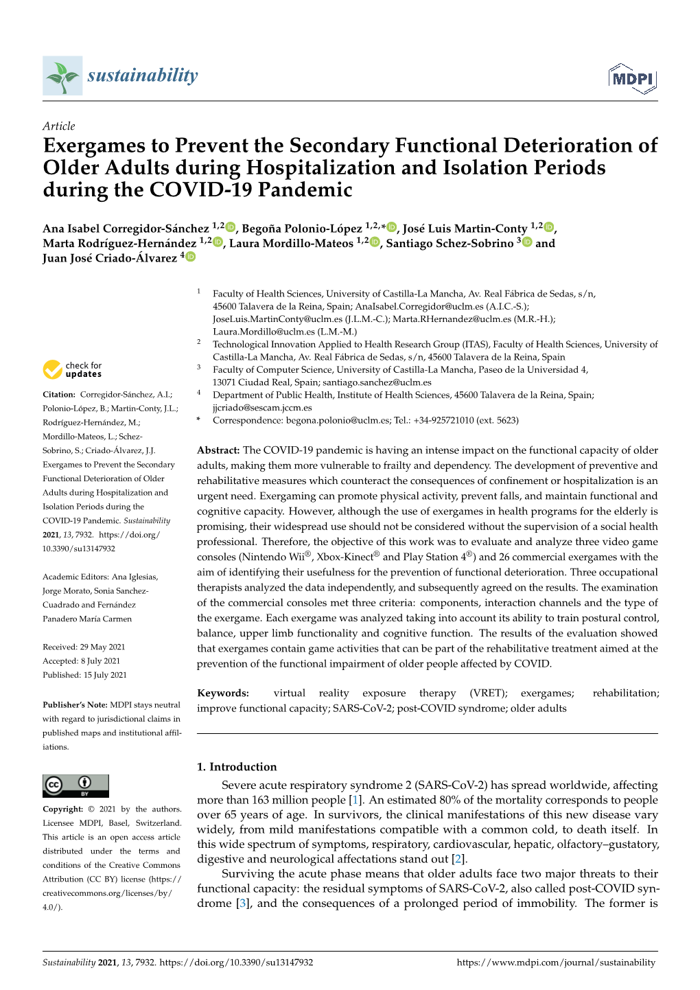 Exergames to Prevent the Secondary Functional Deterioration of Older Adults During Hospitalization and Isolation Periods During the COVID-19 Pandemic