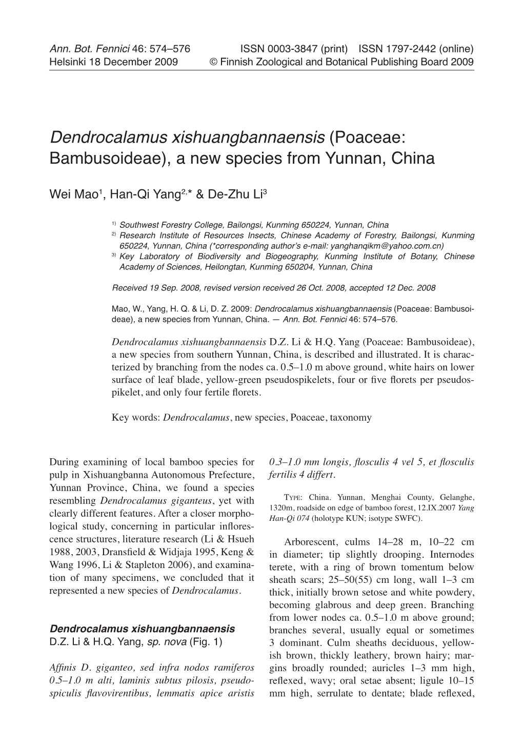 Dendrocalamus Xishuangbannaensis (Poaceae: Bambusoideae), a New Species from Yunnan, China