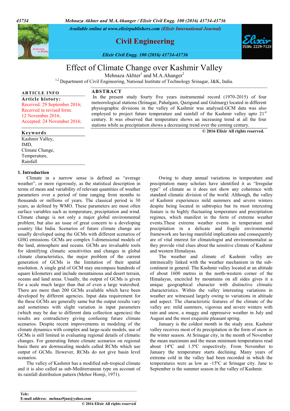 Effect of Climate Change Over Kashmir Valley