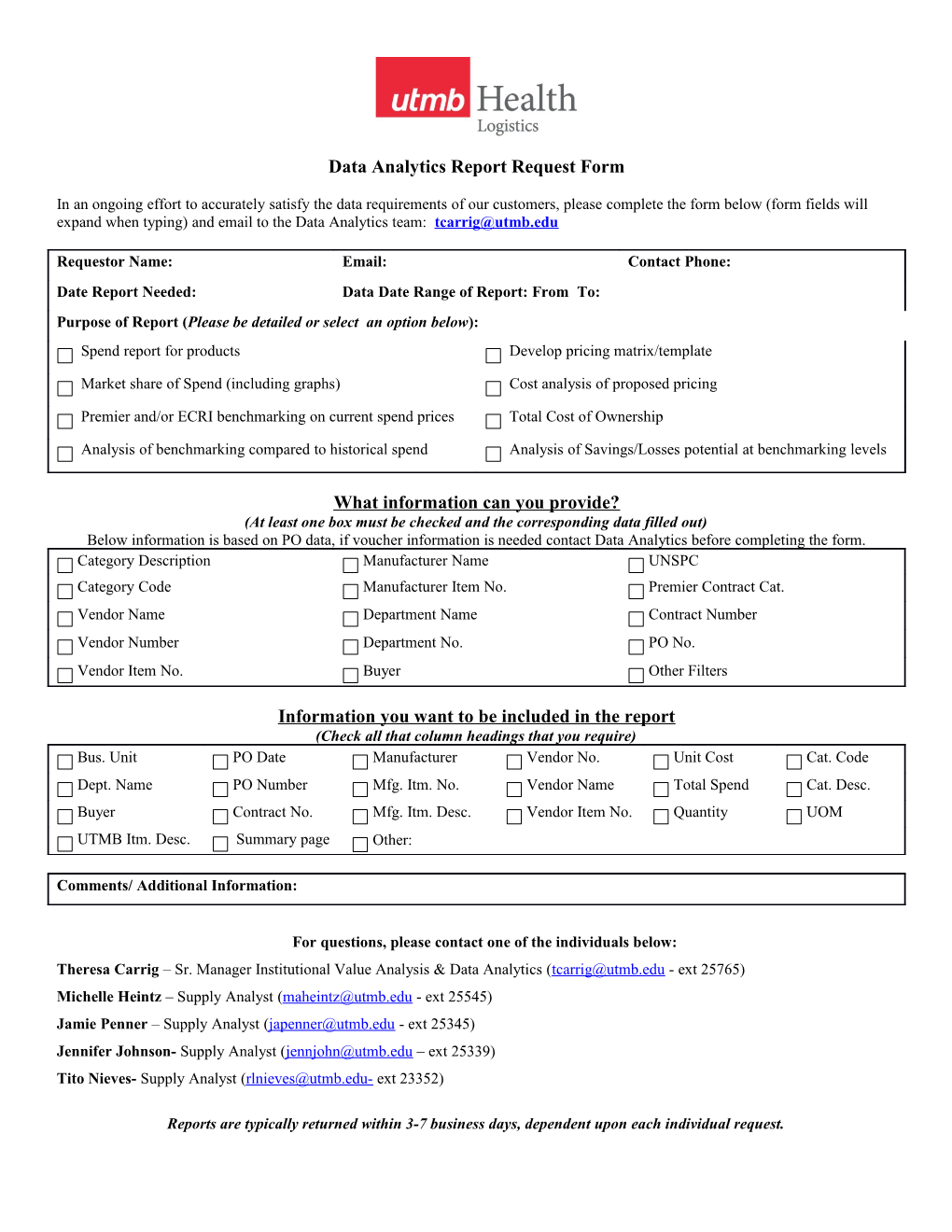 Data Analytics Report Request Form