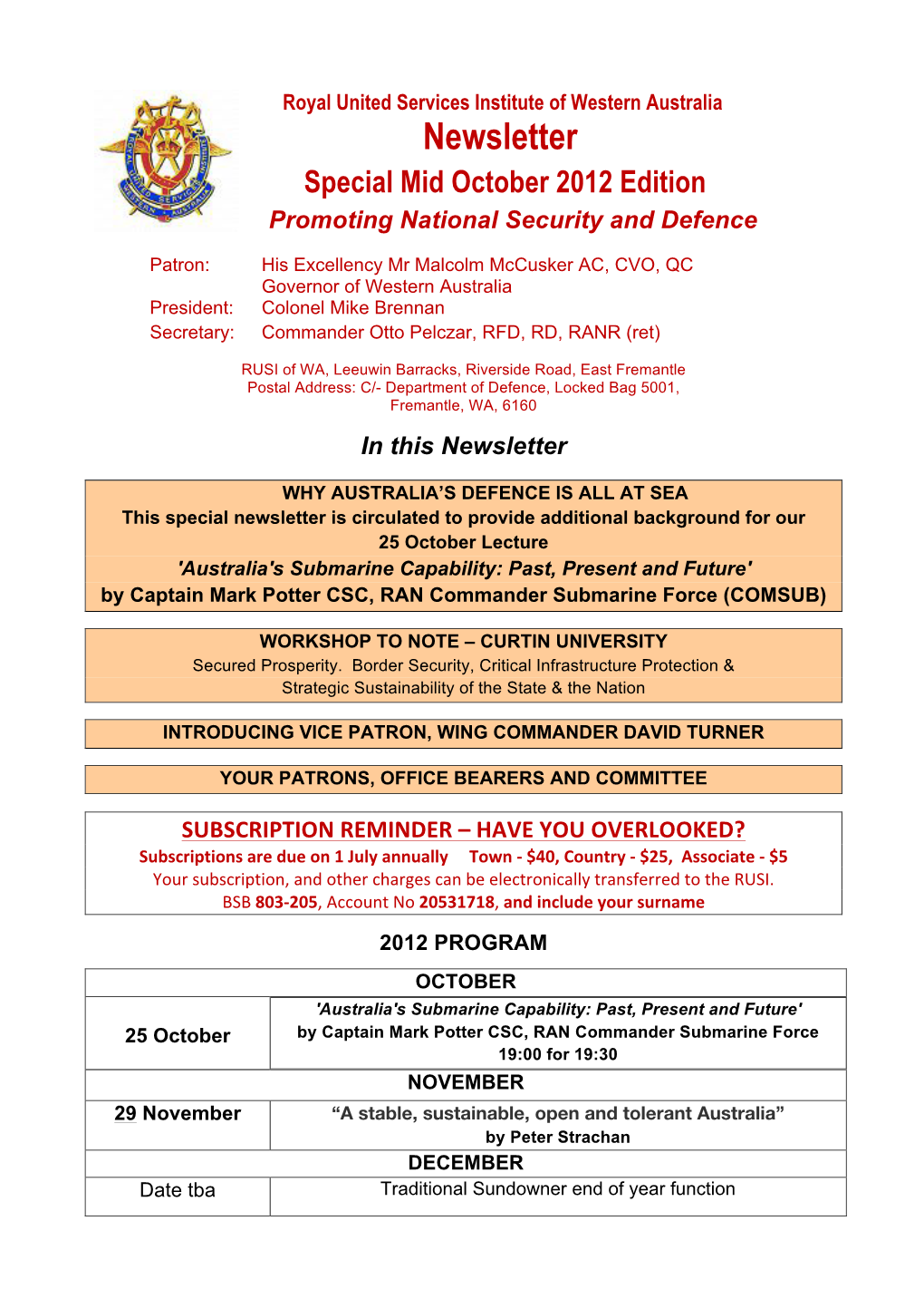 Newsletter Special Mid October 2012 Edition Promoting National Security and Defence