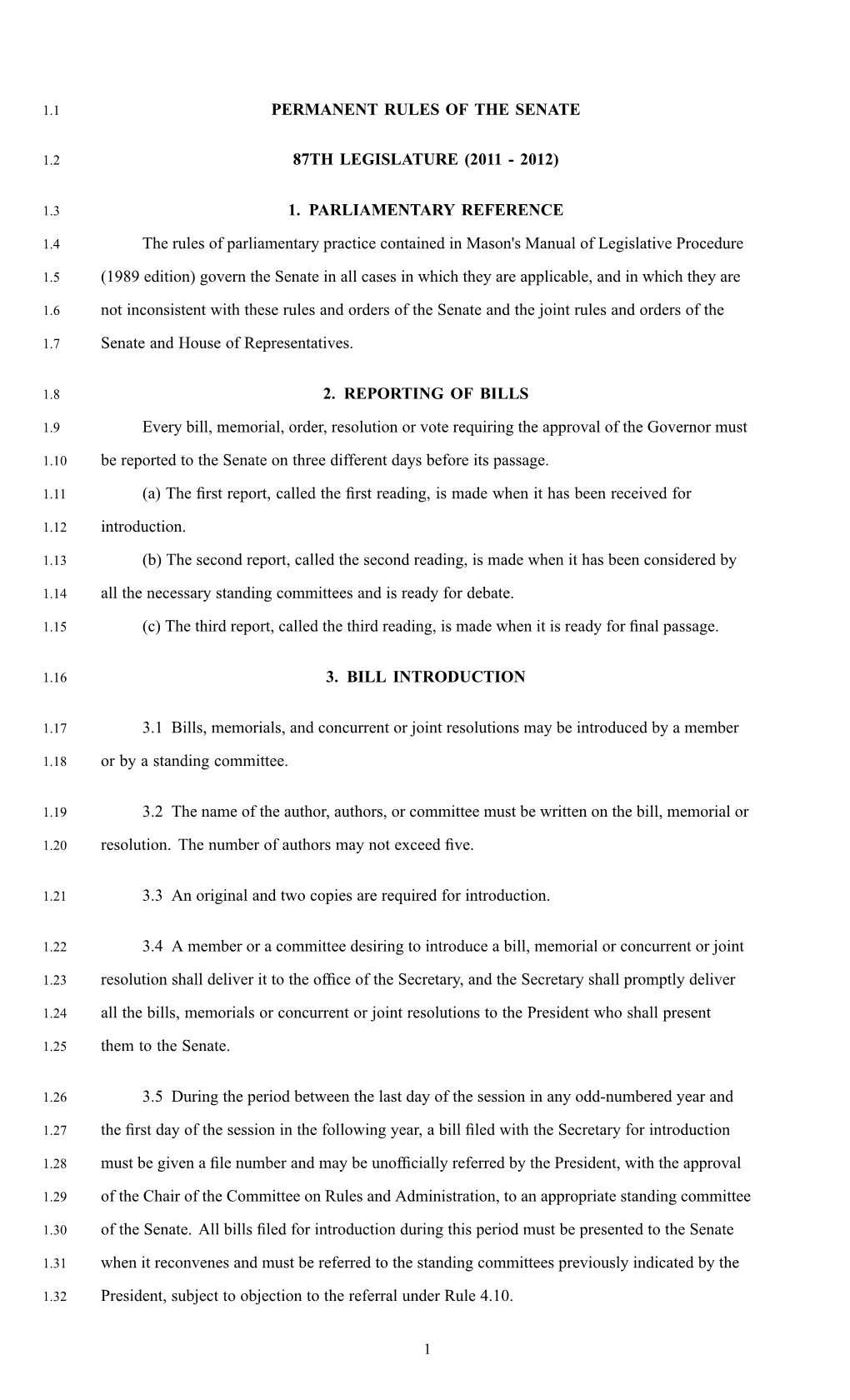 Permanent Rules of the Senate 87Th Legislature (2011