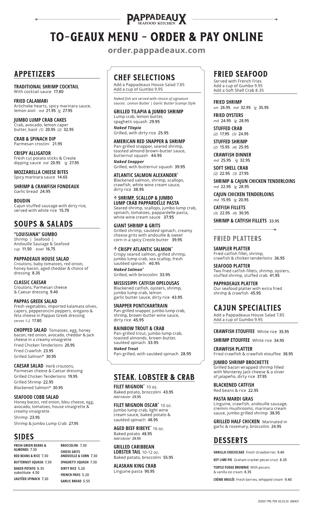 TO-GEAUX MENU - ORDER & PAY ONLINE Order.Pappadeaux.Com