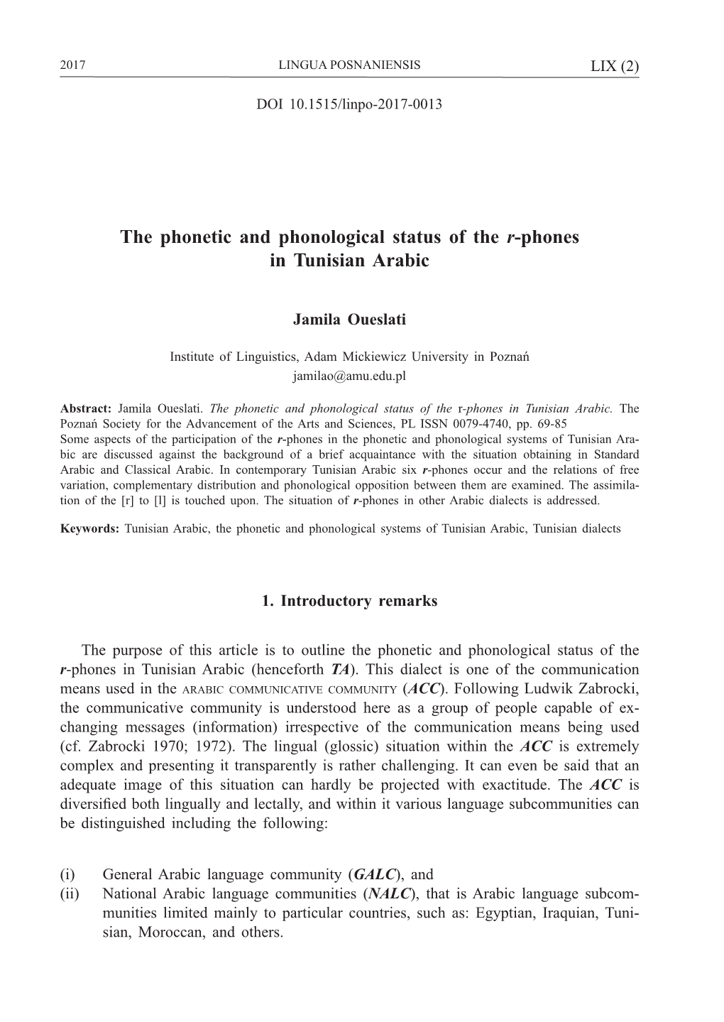 The Phonetic and Phonological Status of the R-Phones in Tunisian Arabic