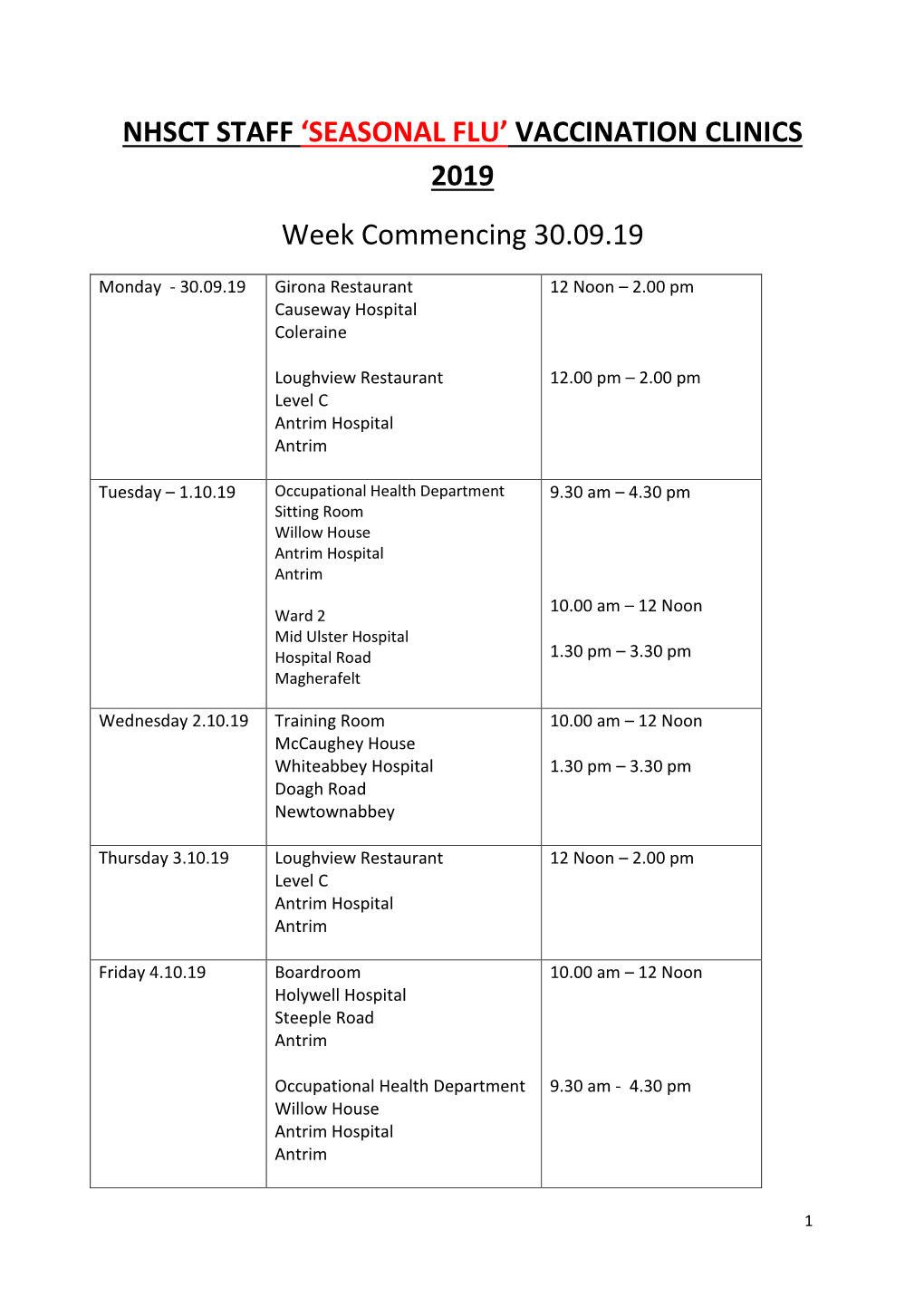 NHSCT STAFF 'SEASONAL FLU' VACCINATION CLINICS 2019 Week Commencing 30.09.19