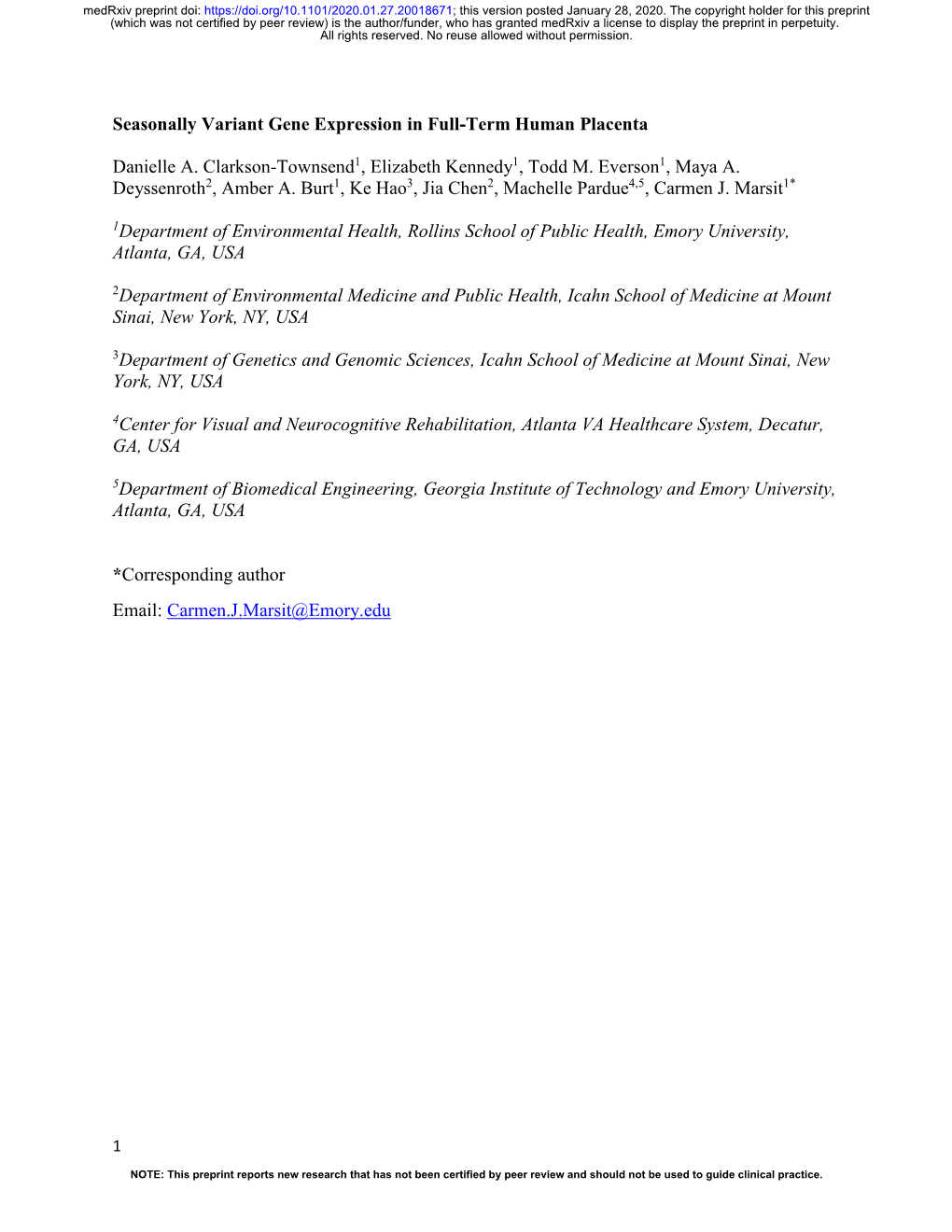 Seasonally Variant Gene Expression in Full-Term Human Placenta