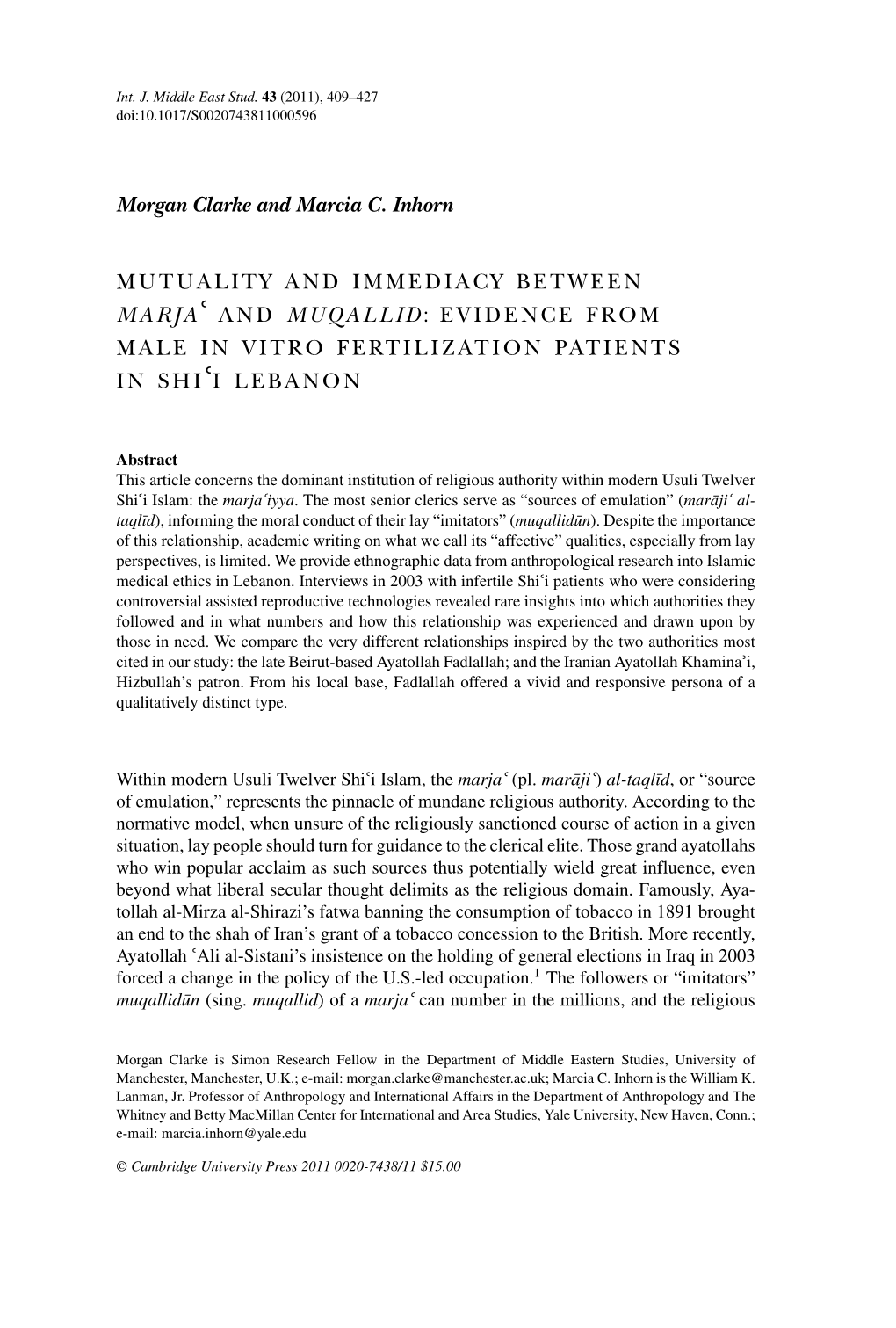 Morgan Clarke and Marcia C. Inhorn MUTUALITY and IMMEDIACY