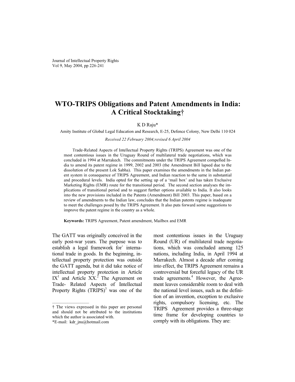WTO-TRIPS Obligations and Patent Amendments in India: a Critical Stocktaking†
