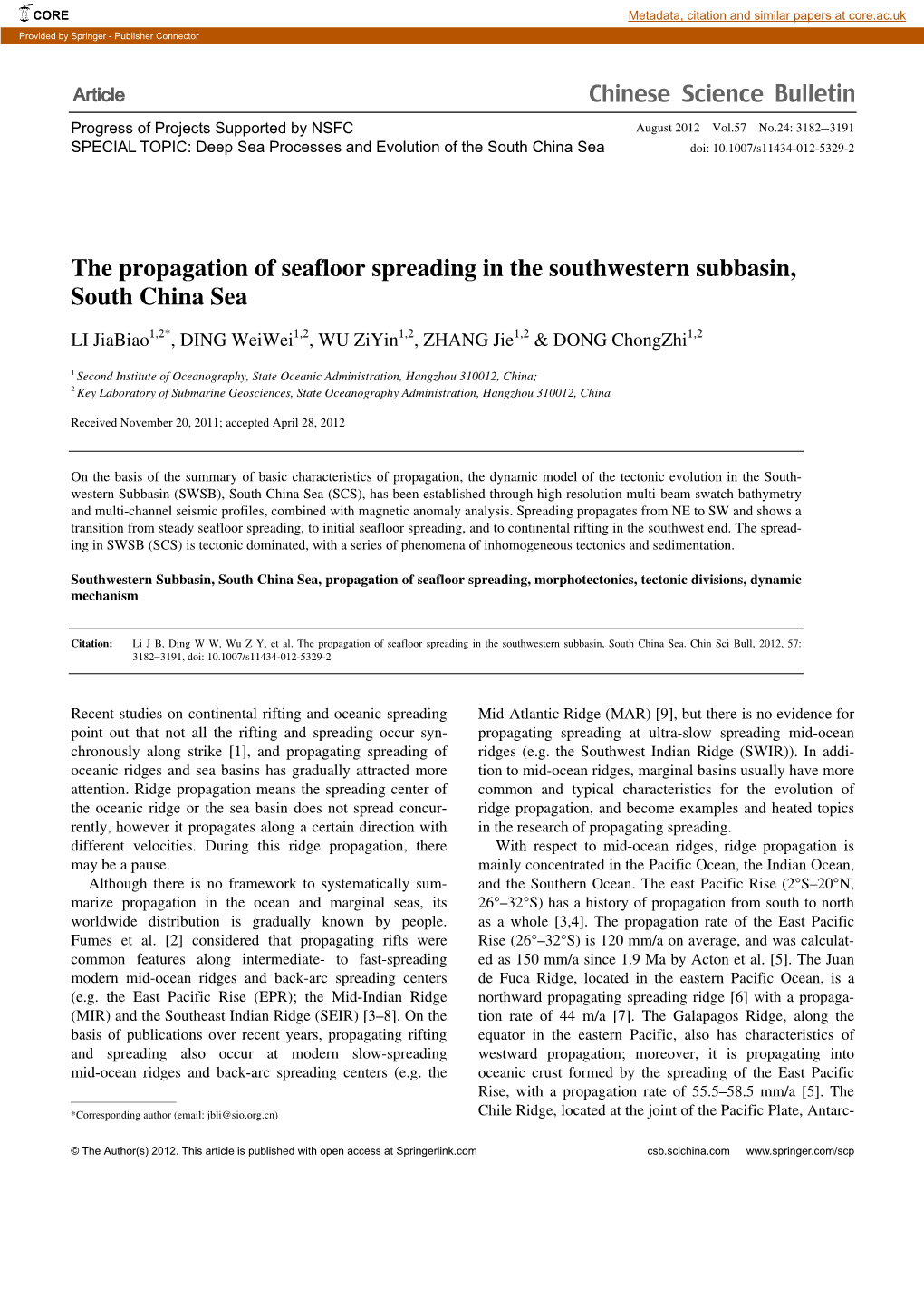 The Propagation of Seafloor Spreading in the Southwestern Subbasin, South China Sea