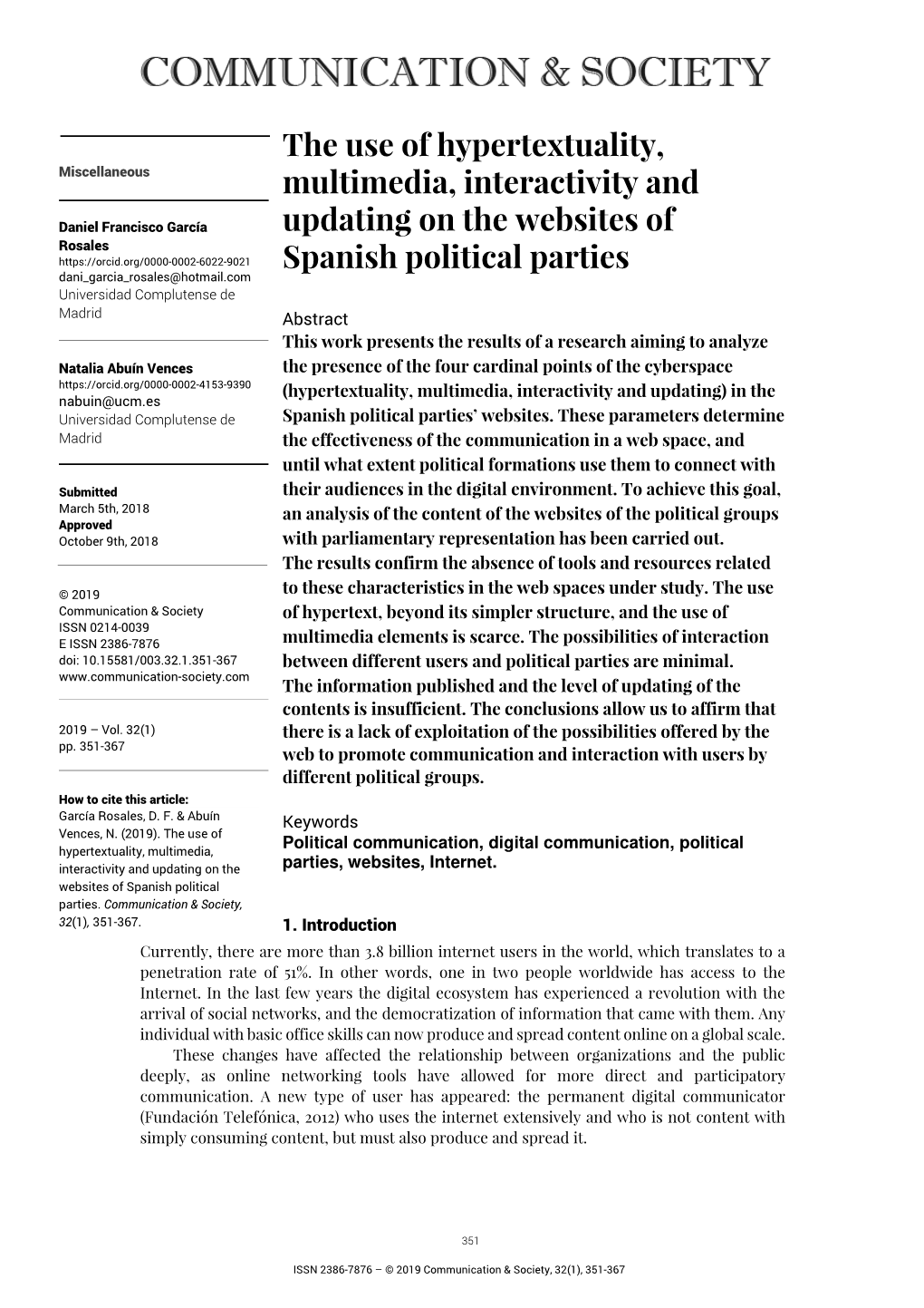 The Use of Hypertextuality, Multimedia, Interactivity and Updating on the Websites of Spanish Political Parties