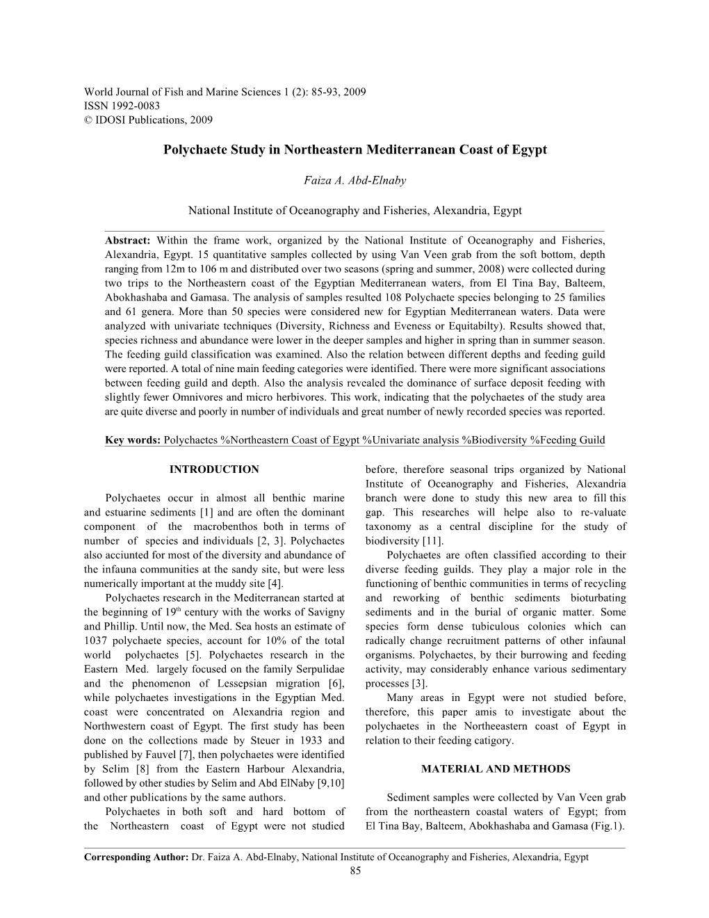 Polychaete Study in Northeastern Mediterranean Coast of Egypt