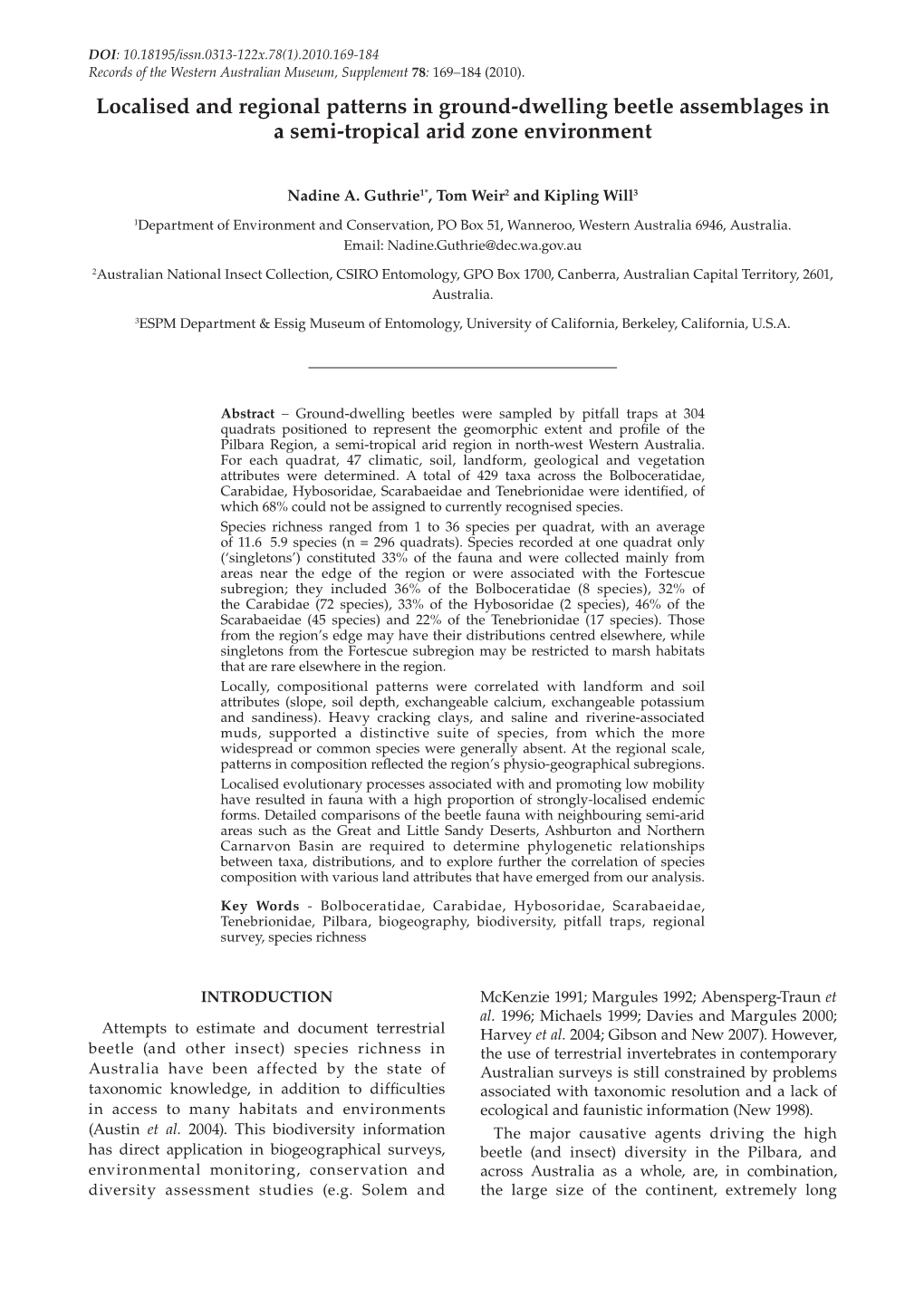 Localised and Regional Patterns in Ground-Dwelling Beetle Assemblages in a Semi-Tropical Arid Zone Environment