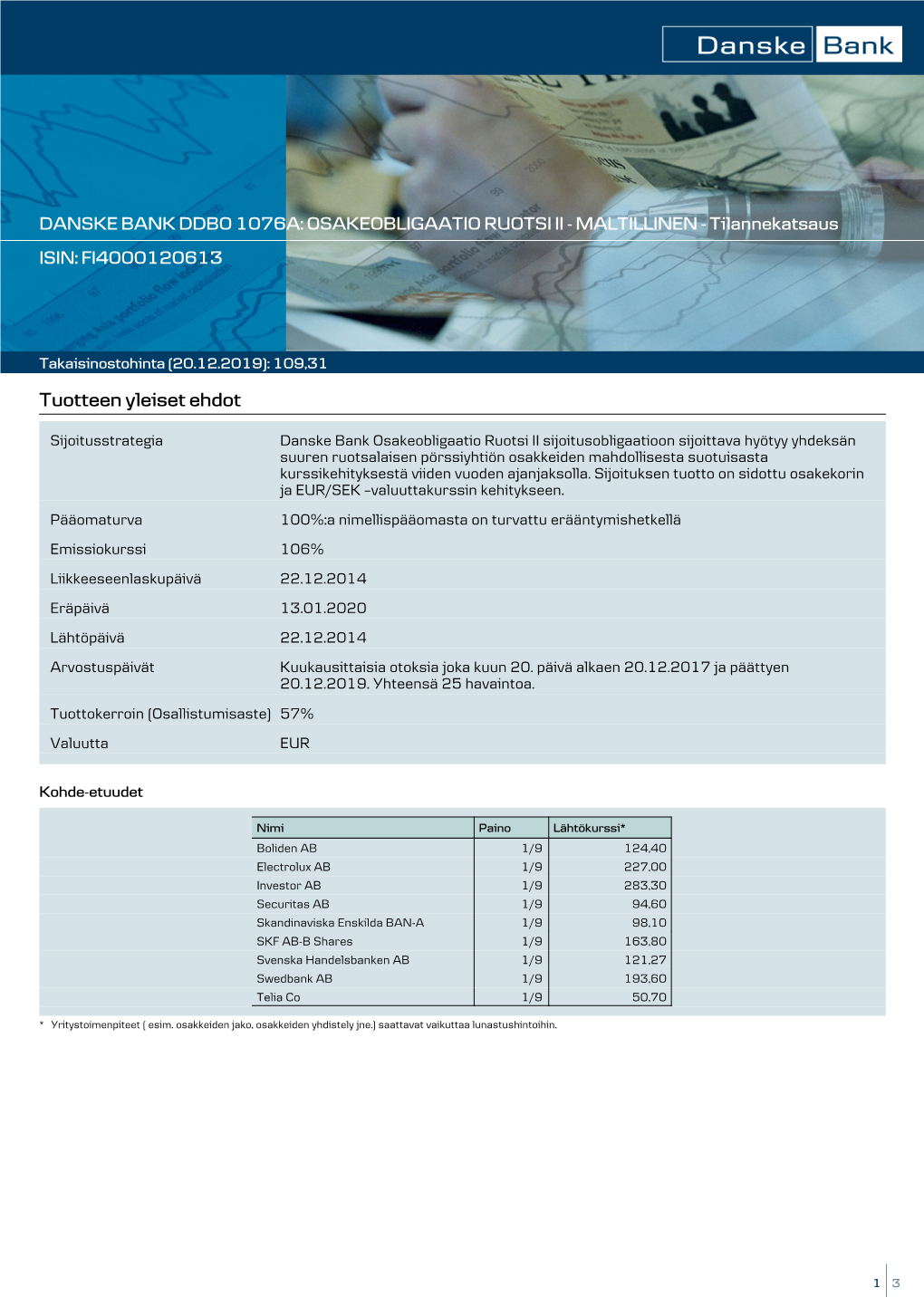 DANSKE BANK DDBO 1076A: OSAKEOBLIGAATIO RUOTSI II - MALTILLINEN - Tilannekatsaus ISIN: FI4000120613